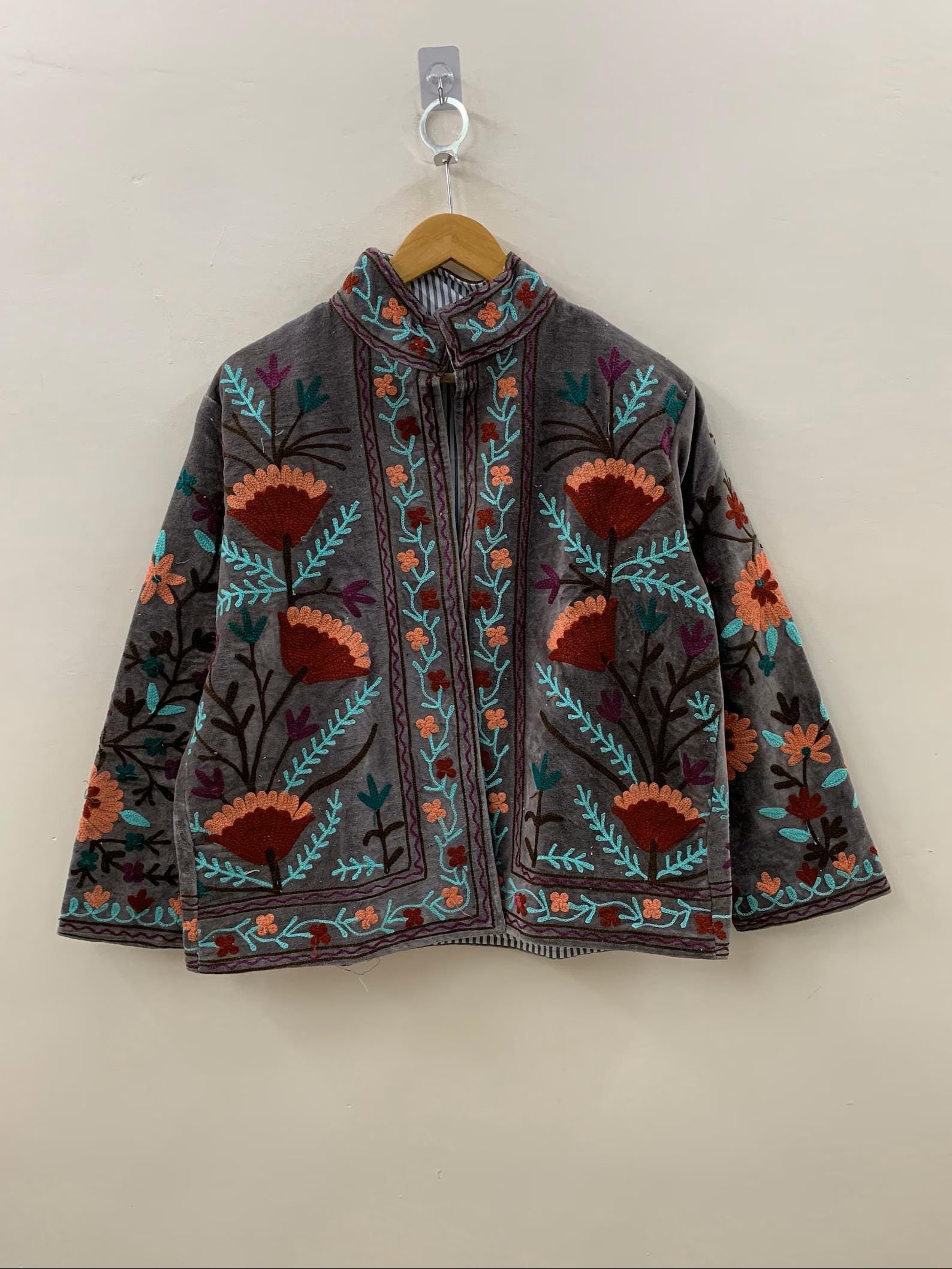 Velvet Embroidery Suzani Jacket | Indian Style Boho Coat | Unisex Bridesmaid Gift | Winter Jacket | Kimono Robe, Duster Jacket, Gift For Her