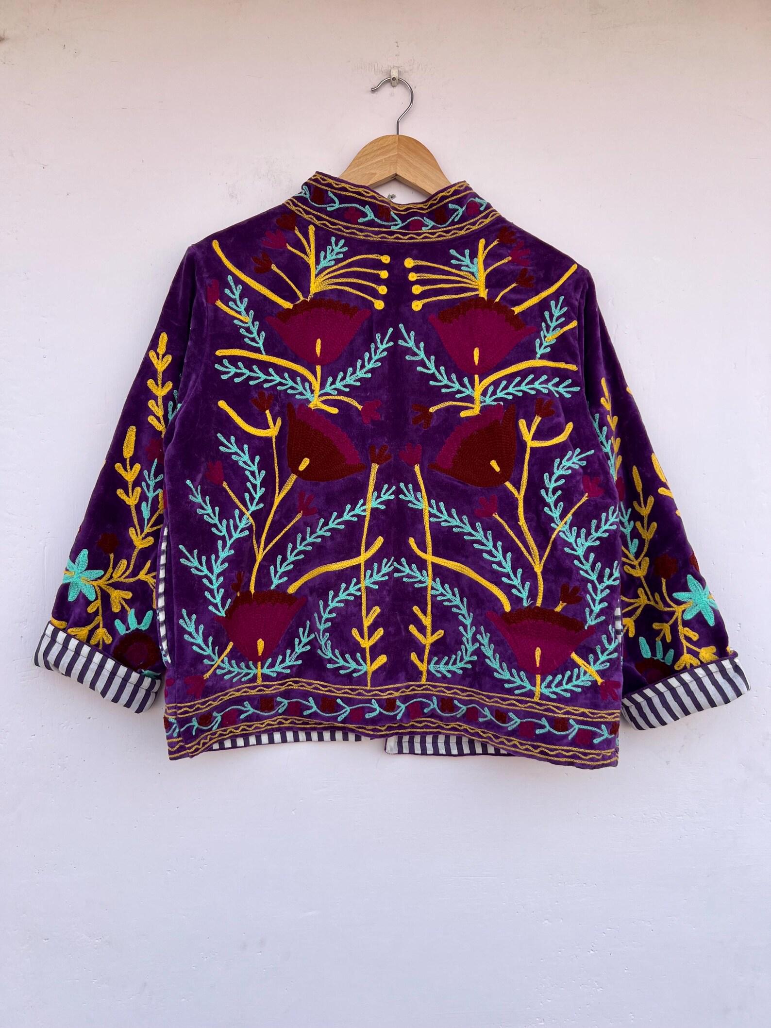 Embroidered Velvet Suzani Jacket, Bohemian Floral Coat, Gift For Her