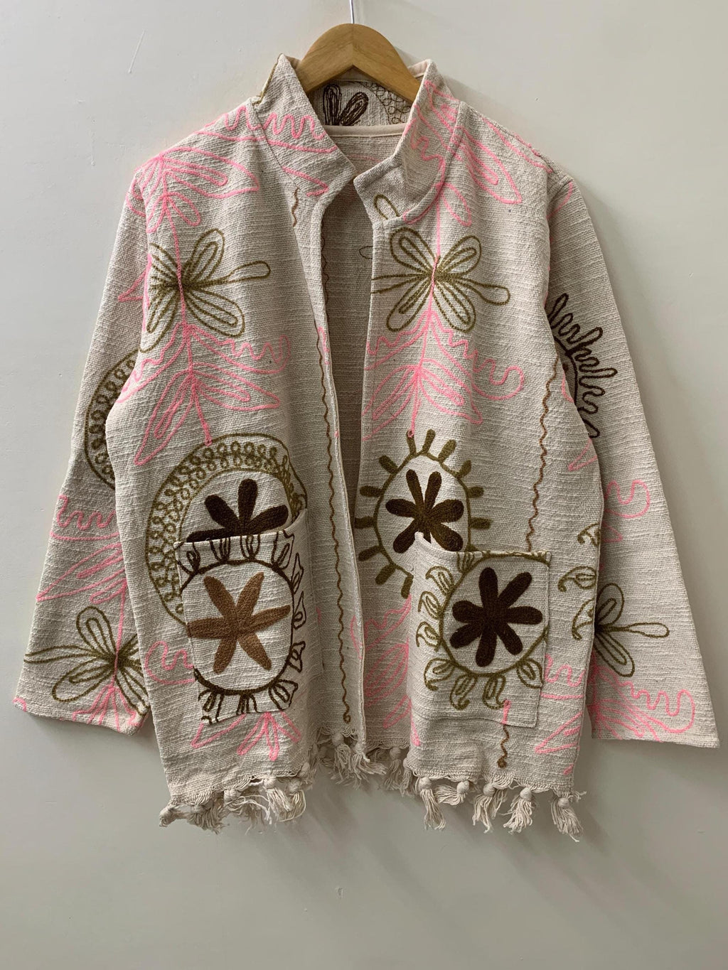 Statement Ethnic Embroidered Cotton Suzani Kimono | Boho Tribal Shrug | Lightweight Spring Outerwear | Long Duster Jacket