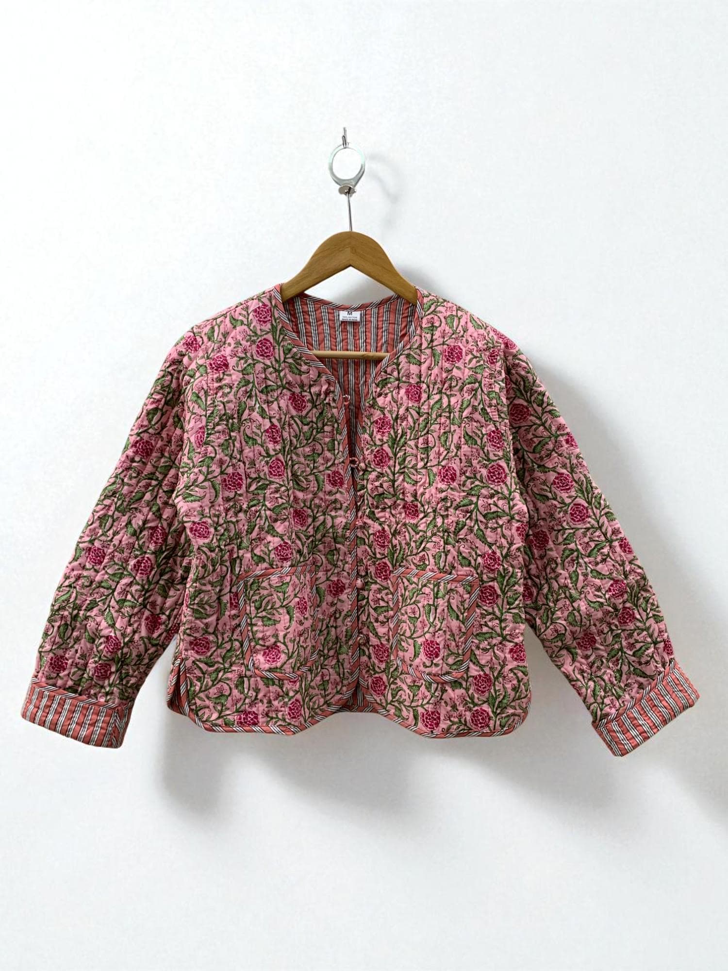 Pink Cotton Quilted Cropped Boho Jacket | Printed Lightweight Cropped Jacket | Spring Coat| Bomber Jacket | Gift For Her | Women's Outerwear