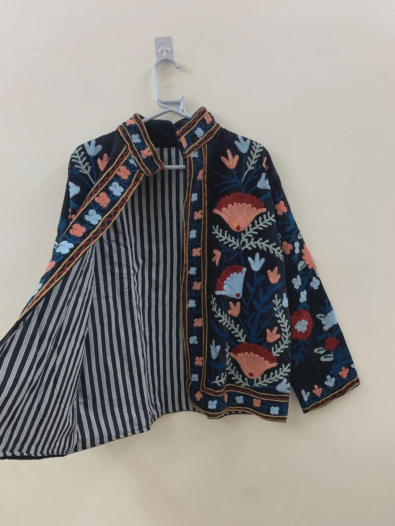 Blue Suzani Velvet Short Jacket | Vintage Button Winter Coat | Short Ethnic Jacket | Spring Bomber Jacket | Gift For Her | Suzani Outerwear