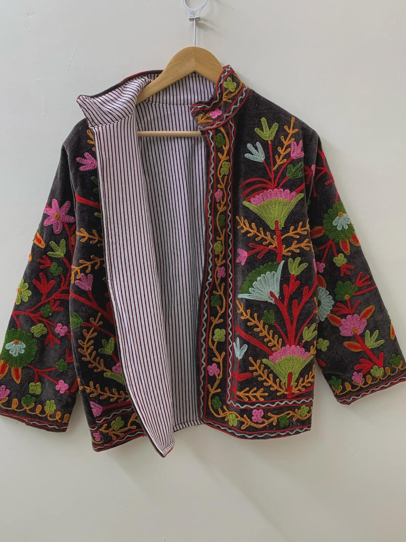 Suzani Embroidered Velvet Winter Jacket | Handmade Short Festival Coat | Ethnic Bohemian Outerwear | Winter Kimono Jacket | Gift For Wife