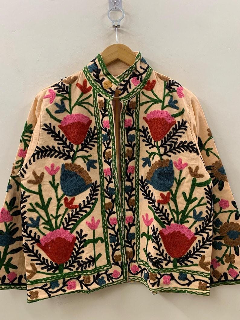 Beige Embroidered Velvet Suzani Jacket | Indian Style Coat  | Unisex Jacket | Bridesmaid Gift | Winter Jacket | Kimono Jacket, Bomber Jacket