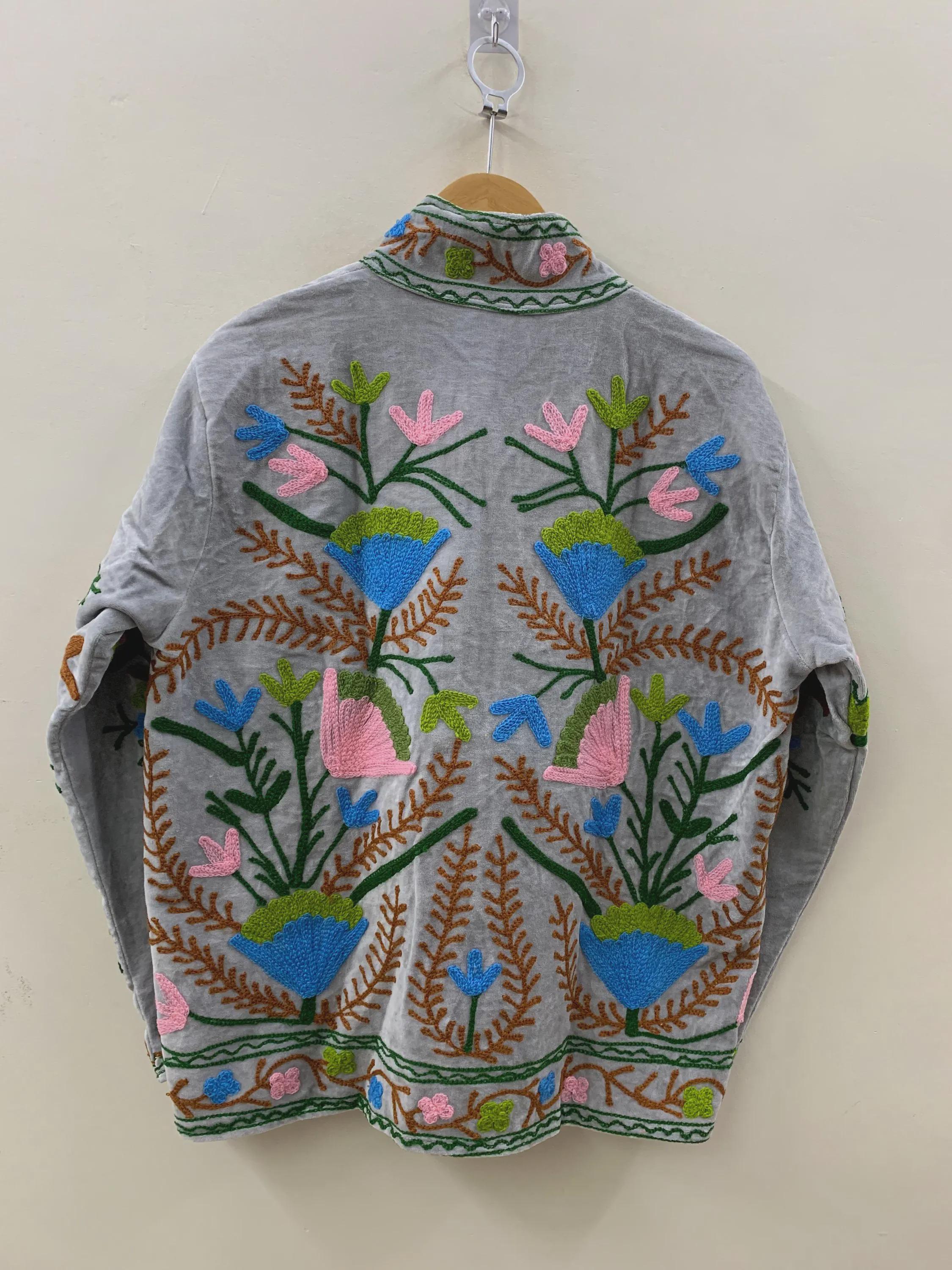 Women's Grey Velvet Suzani Embroidery Jacket | Suzani Duster Jacket | Winter Kimono Jacket | Bomber Coat, Robe, Gift For Her |Street Fashion