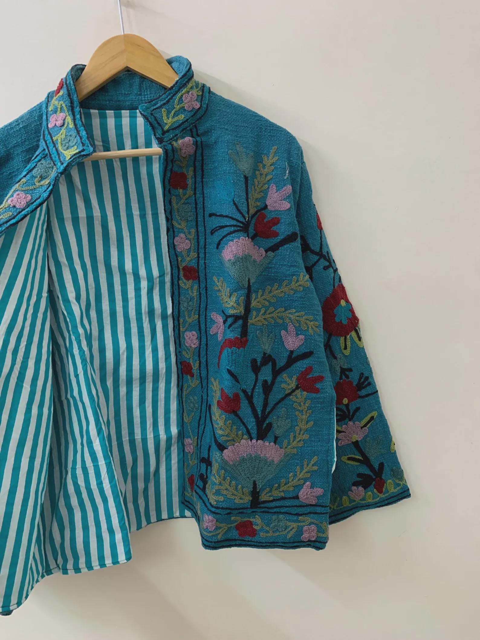 Blue TNT Suzani Short Jacket | Vintage Boho Embroidered Coat | Ethnic Uzbek Textile |Festival Kimono Jacket | Warm Outerwear |Gift For Her
