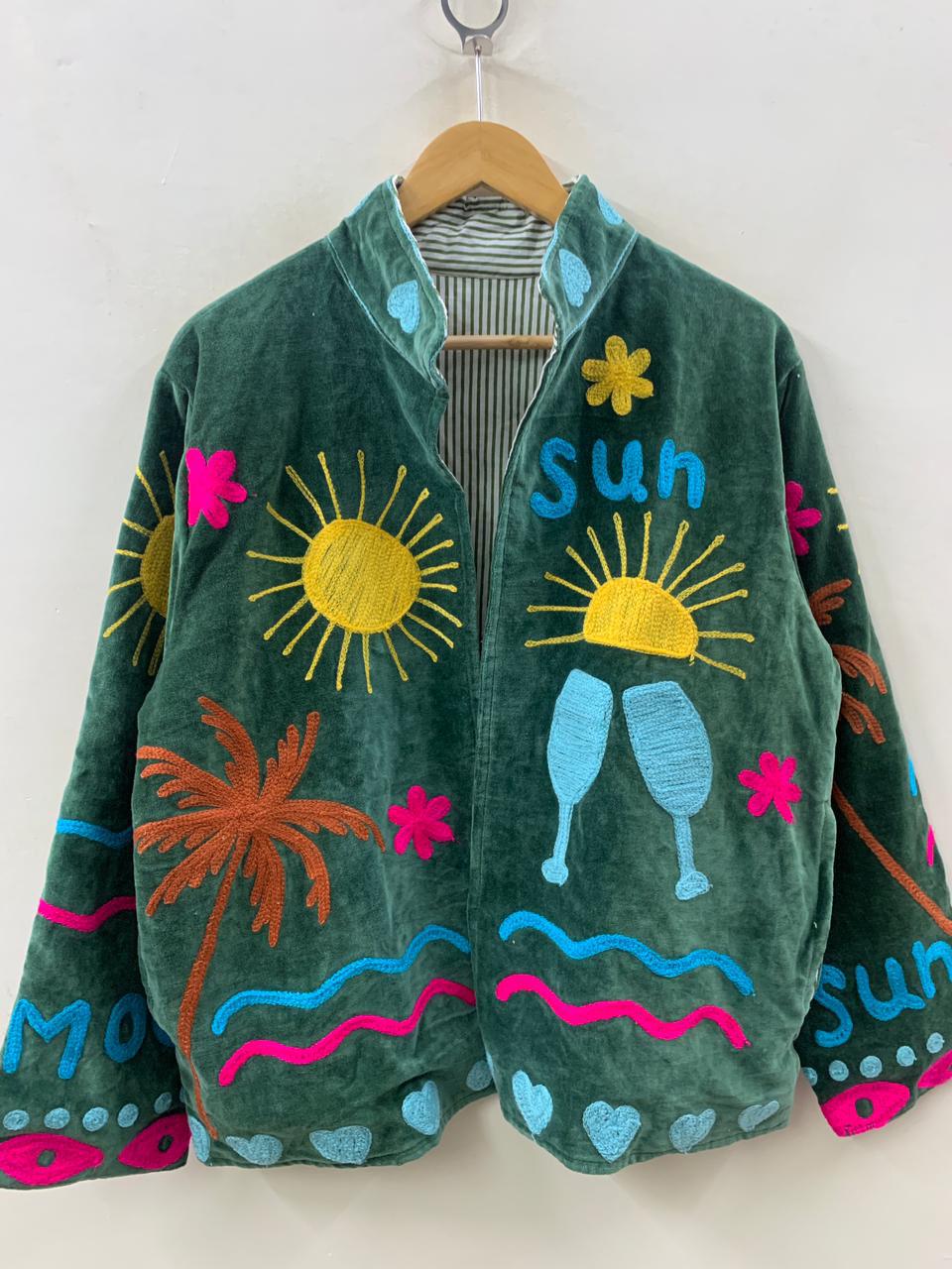 Green Velvet Suzani Short Spring Jacket |Embroidered Statement Coat | Sun, Palm, Moon & Heart Design | Colorful Festival Jacket |Duster Coat
