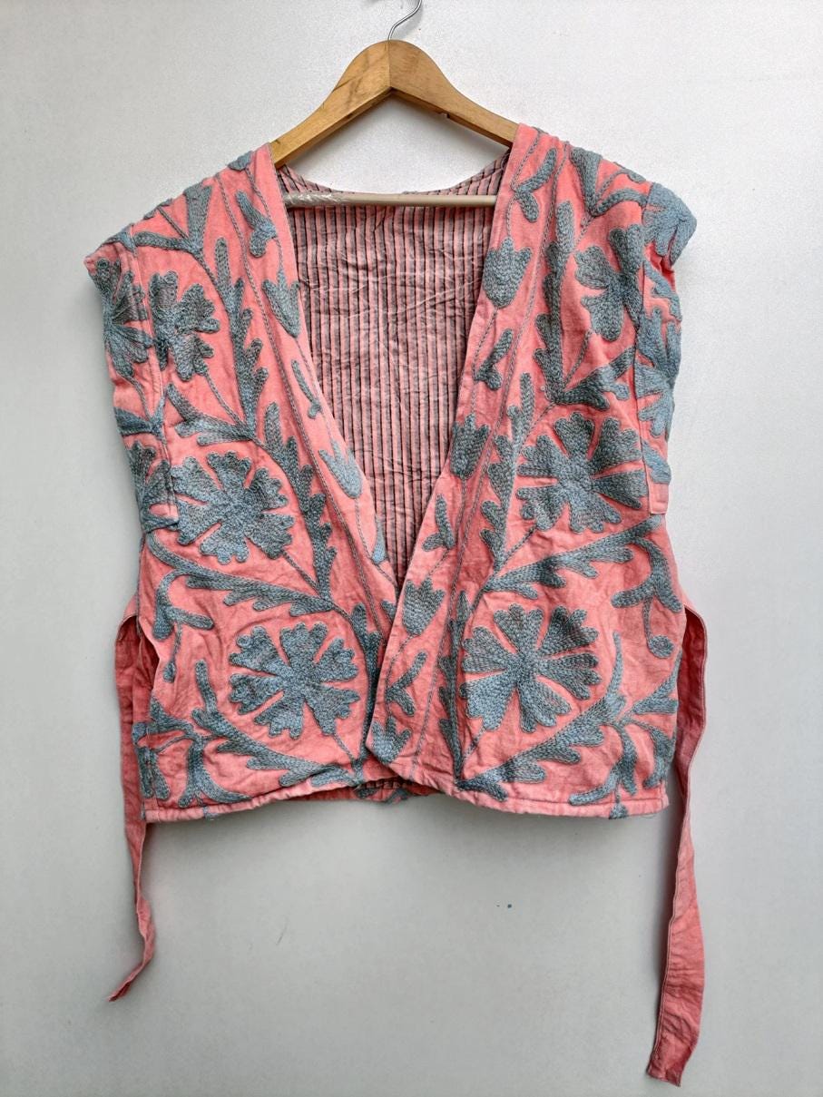 Turkish Suzani Embroidered Velvet Vest | Handmade Unisex Boho Festival Waistcoat | Ethnic Sleeveless Bohemian Jacket Vest