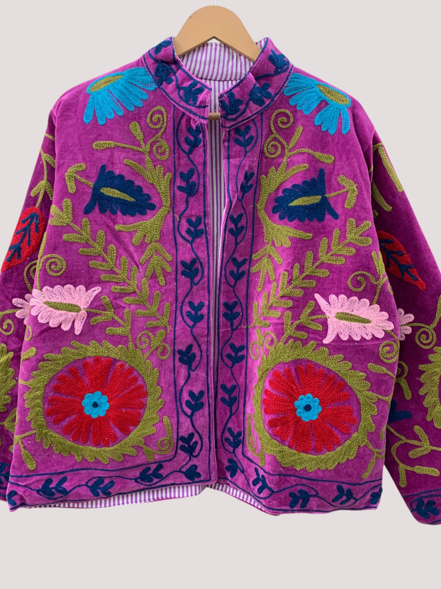 Pink Suzani Velvet Short Boho Jacket | Indian Embroidery Jacket |Winter Wear Women's Jacket Coat | Suzani Coat | Gift For Her |Duster Jacket