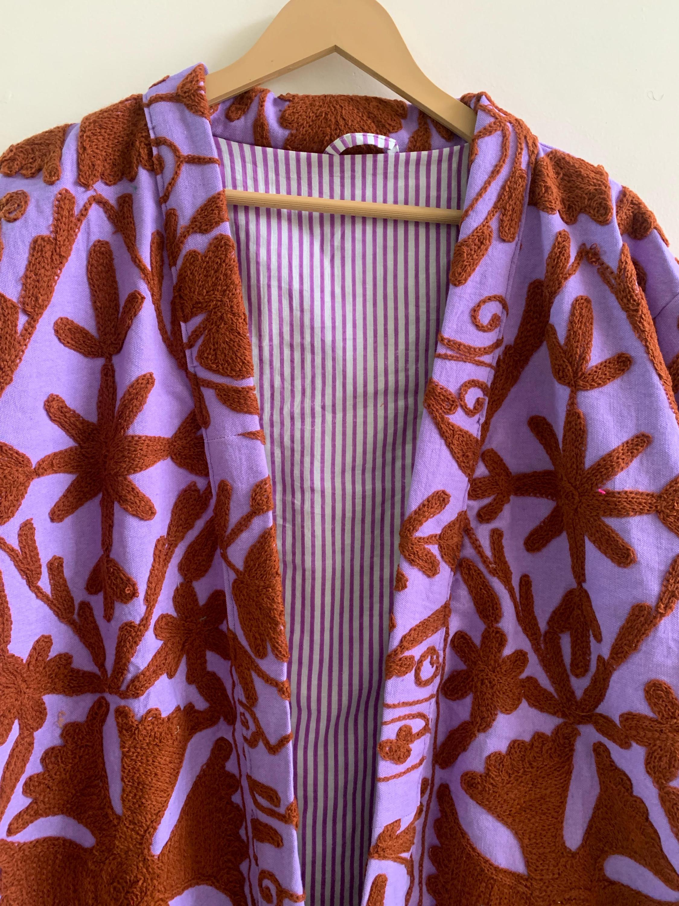 Cotton Canvas Embroidered Summer Kimono | Japanese Dress Threadwork | Handmade Duster Jacket | Gift For Her | Beach coverup | Resort wear