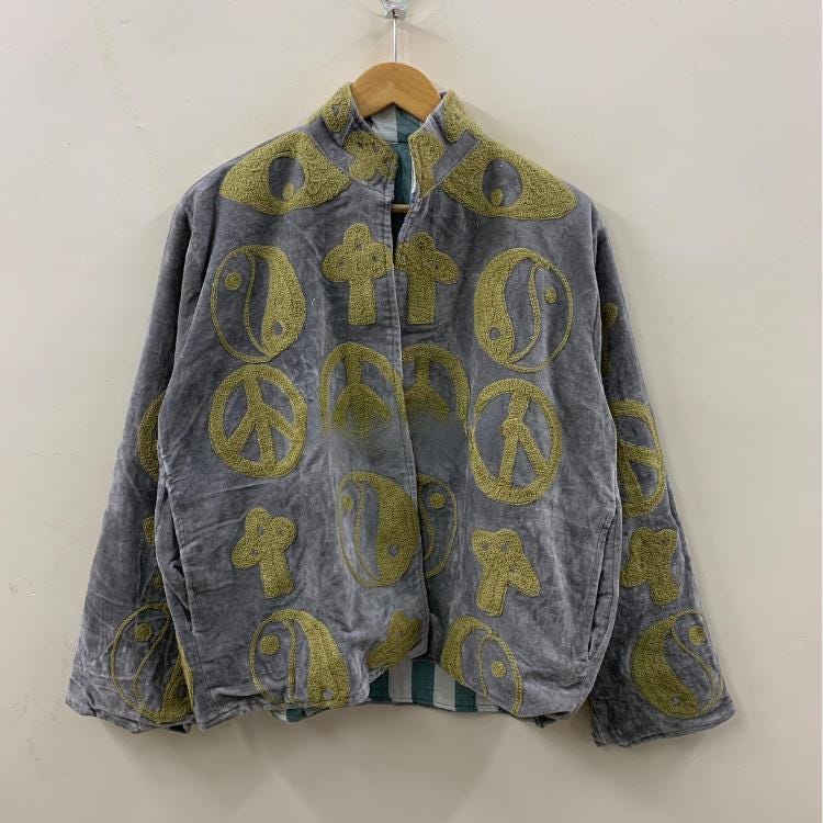 Handmade Velvet Suzani Jacket – Boho Embroidered Coat with Peace & Yin-Yang Motifs | Gift For Her | Winter Kimono Jacket