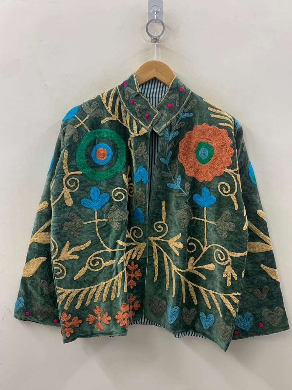 Green Boho Suzani Embroidered Velvet Jacket | Vintage Style Winter Coat | Gift For Her | Ethnic Fashion Coat | Gypsy Style Coat