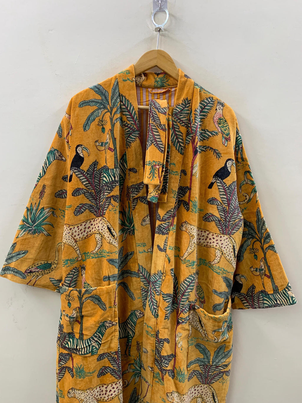 Yellow Leopard Print Velvet Kimono Robe | Bold Animal Print Loungewear | Soft Dressing Gown with Belt |Statement Kimono Jacket| Glam Robe