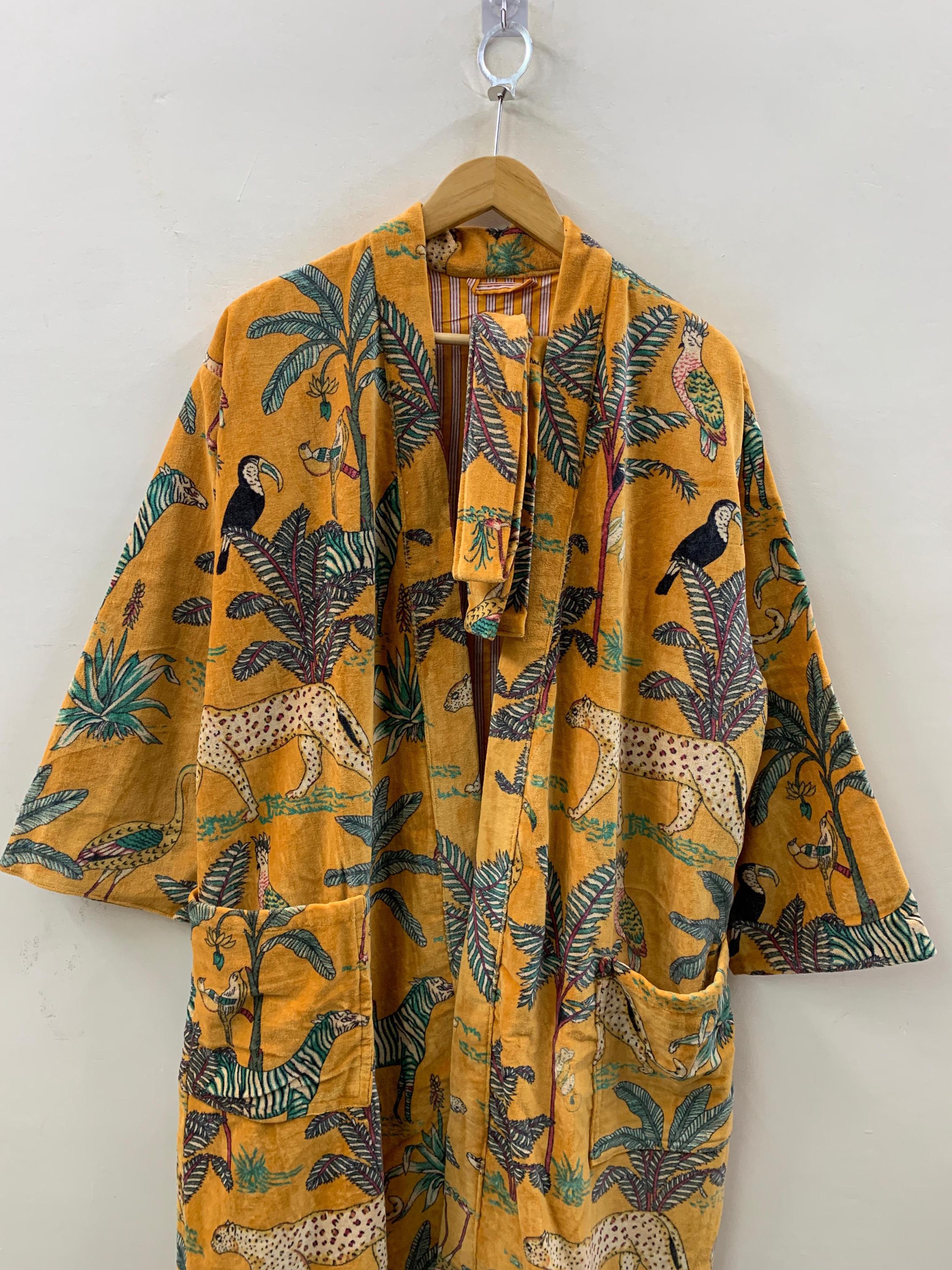 Yellow Leopard Print Velvet Kimono Robe | Bold Animal Print Loungewear | Soft Dressing Gown with Belt |Statement Kimono Jacket| Glam Robe