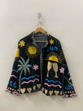 Black Unique Velvet Suzani Short Jacket |Embroidered Statement Coat | Sun, Palm, Moon & Heart Design | Colorful Festival Jacket |Duster Coat