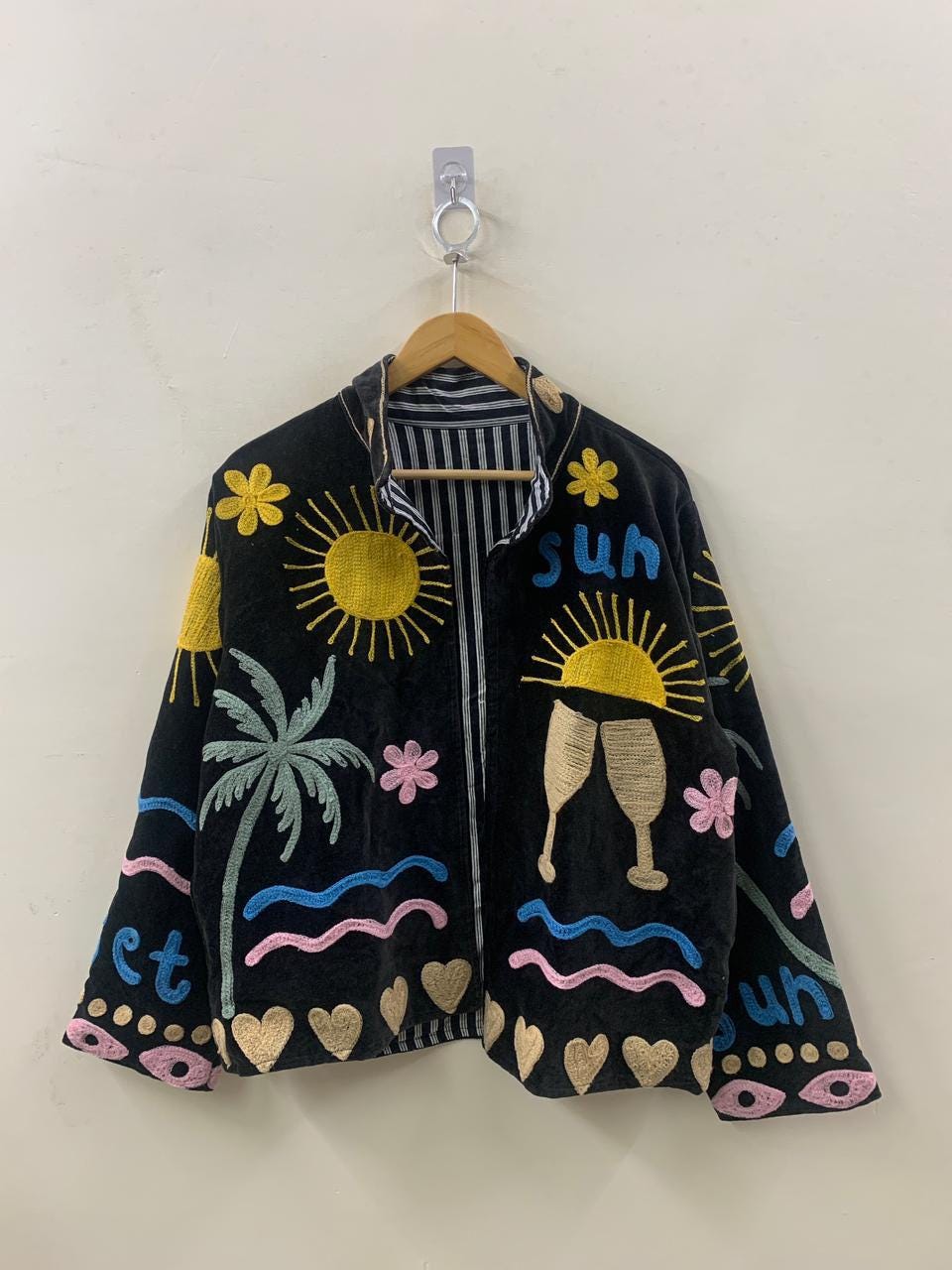 Black Unique Velvet Suzani Short Jacket |Embroidered Statement Coat | Sun, Palm, Moon & Heart Design | Colorful Festival Jacket |Duster Coat