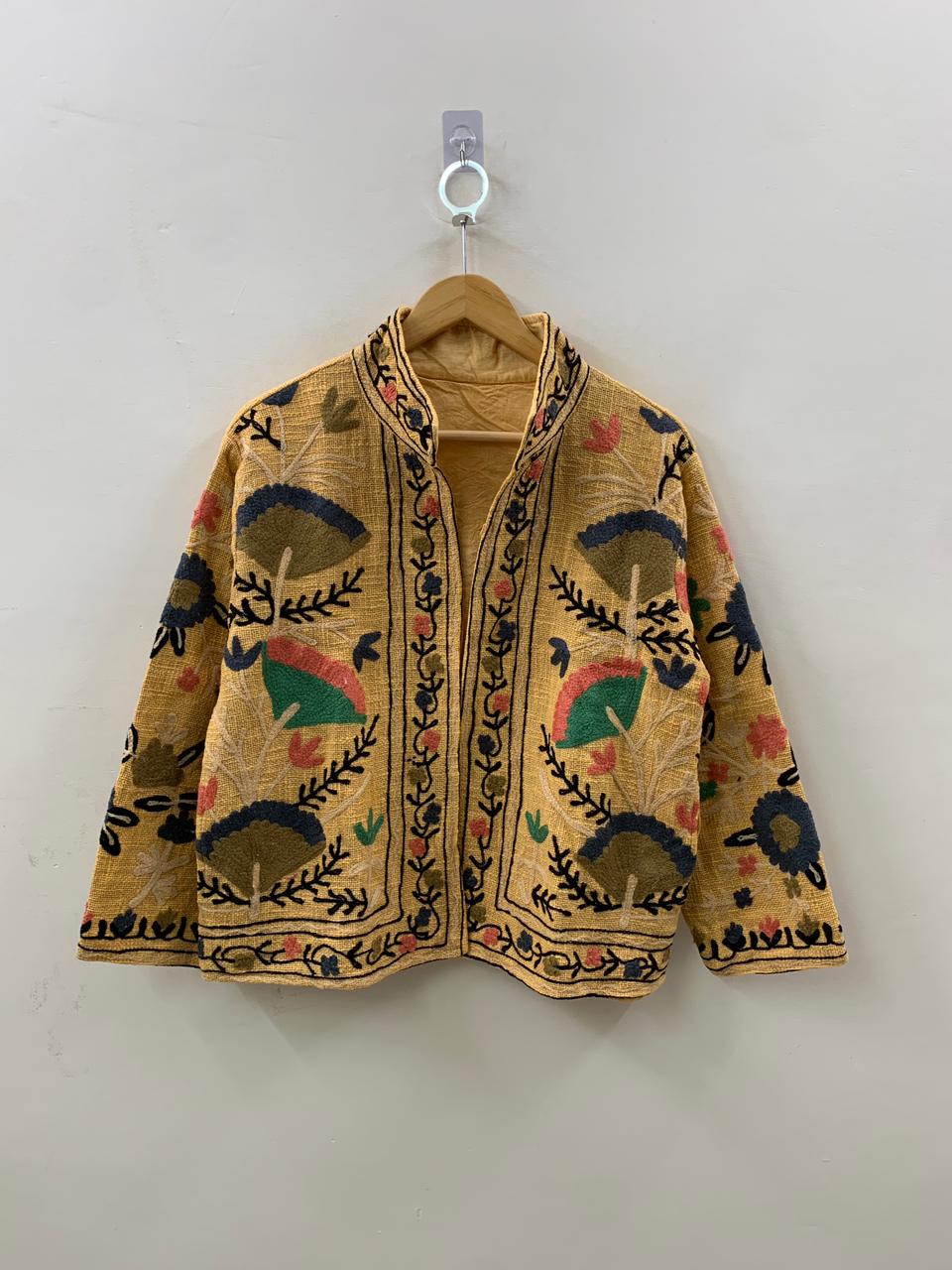 Floral Suzani TNT Fabric Short Boho Jacket | Long Sleeve Button Winter Coat