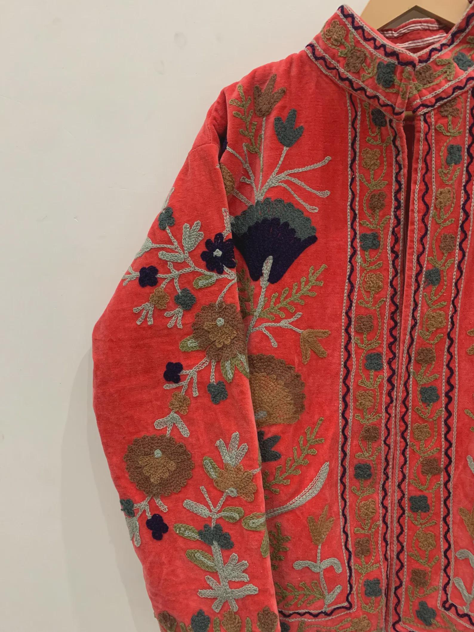 Red Velvet Suzani Hand Embroidered Jacket | Winter Jacket | Unisex Coat | Vintage Bohemian Jacket | Warm Outerwear | Gift for Her