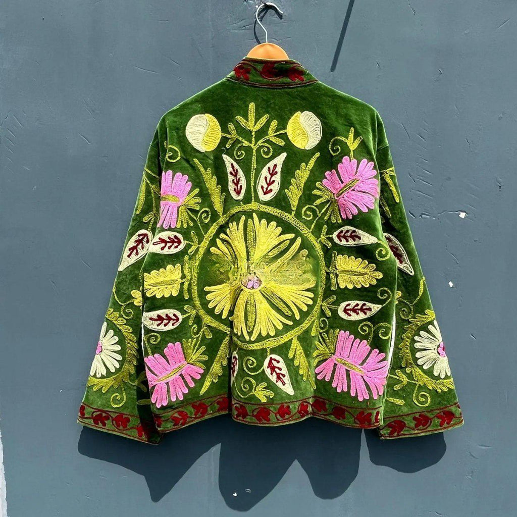 Suzani Embroidered Velvet Winter Jacket | Handmade Short Festival Coat | Ethnic Bohemian Outerwear | Winter Kimono Jacket | Gift For Wife