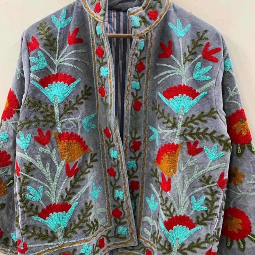 Grey Suzani Velvet Short Jacket | Vintage Button Winter Coat | Short Ethnic Jacket | Spring Bomber Jacket | Gift For Her | Suzani Outerwear