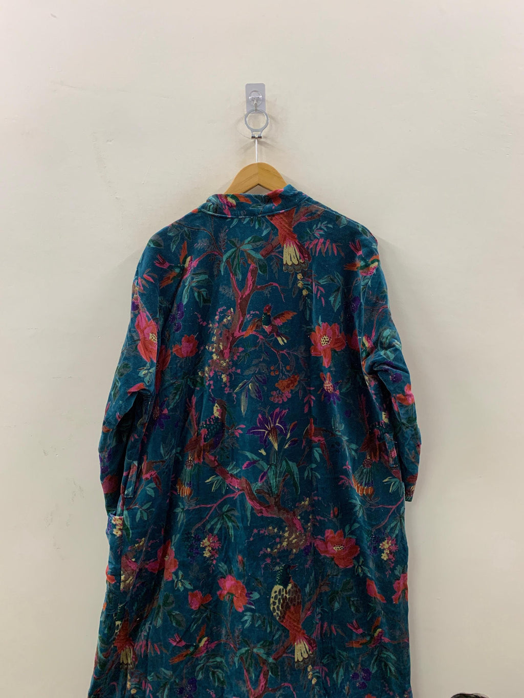 Blue Jungle Velvet Kimono Robe | Tropical Animal Print Loungewear | Cheetah & Bird Pattern |Safari Dressing Gown with Belt | Women's Kimono
