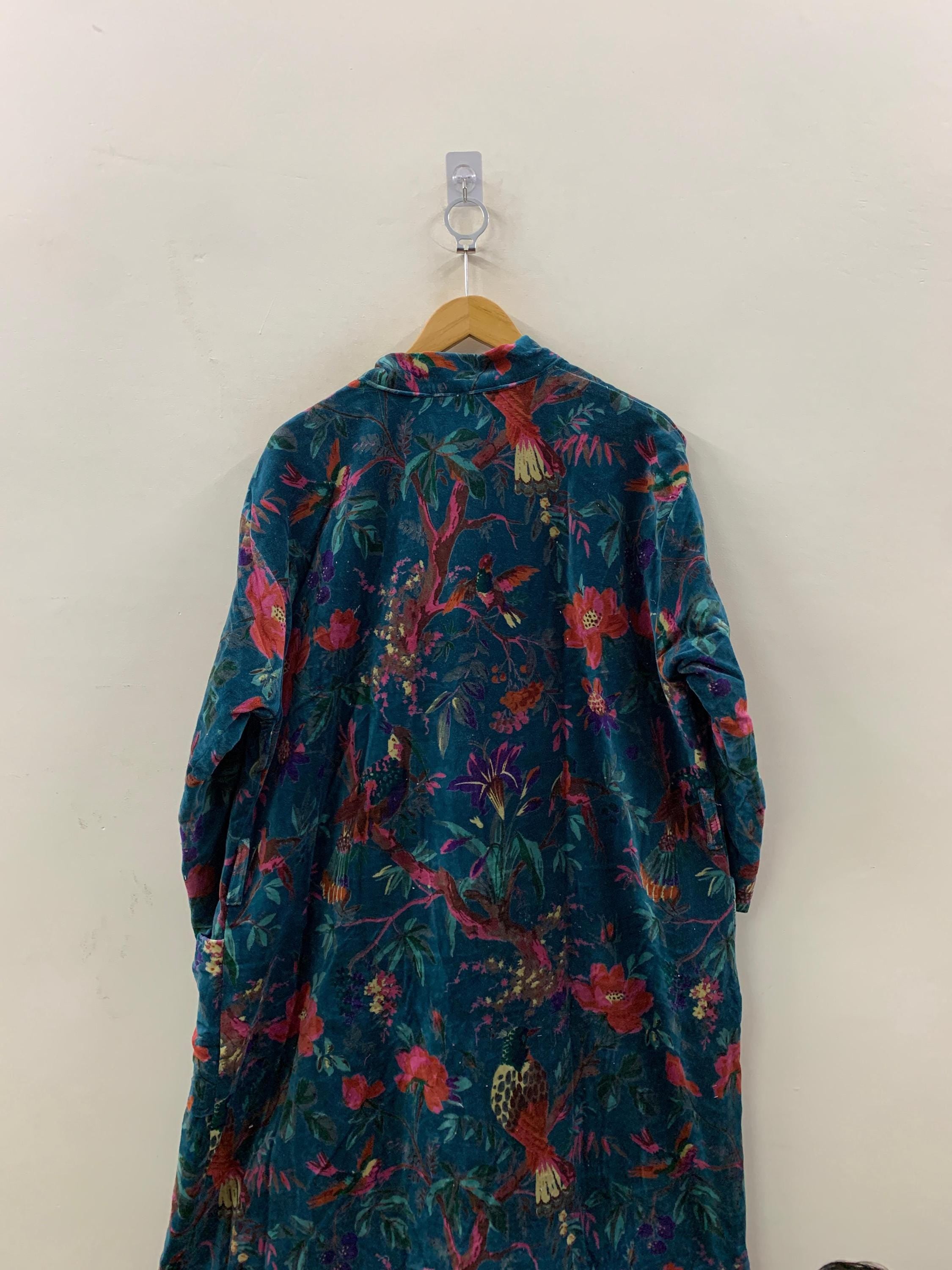 Blue Jungle Velvet Kimono Robe | Tropical Animal Print Loungewear | Cheetah & Bird Pattern |Safari Dressing Gown with Belt | Women's Kimono