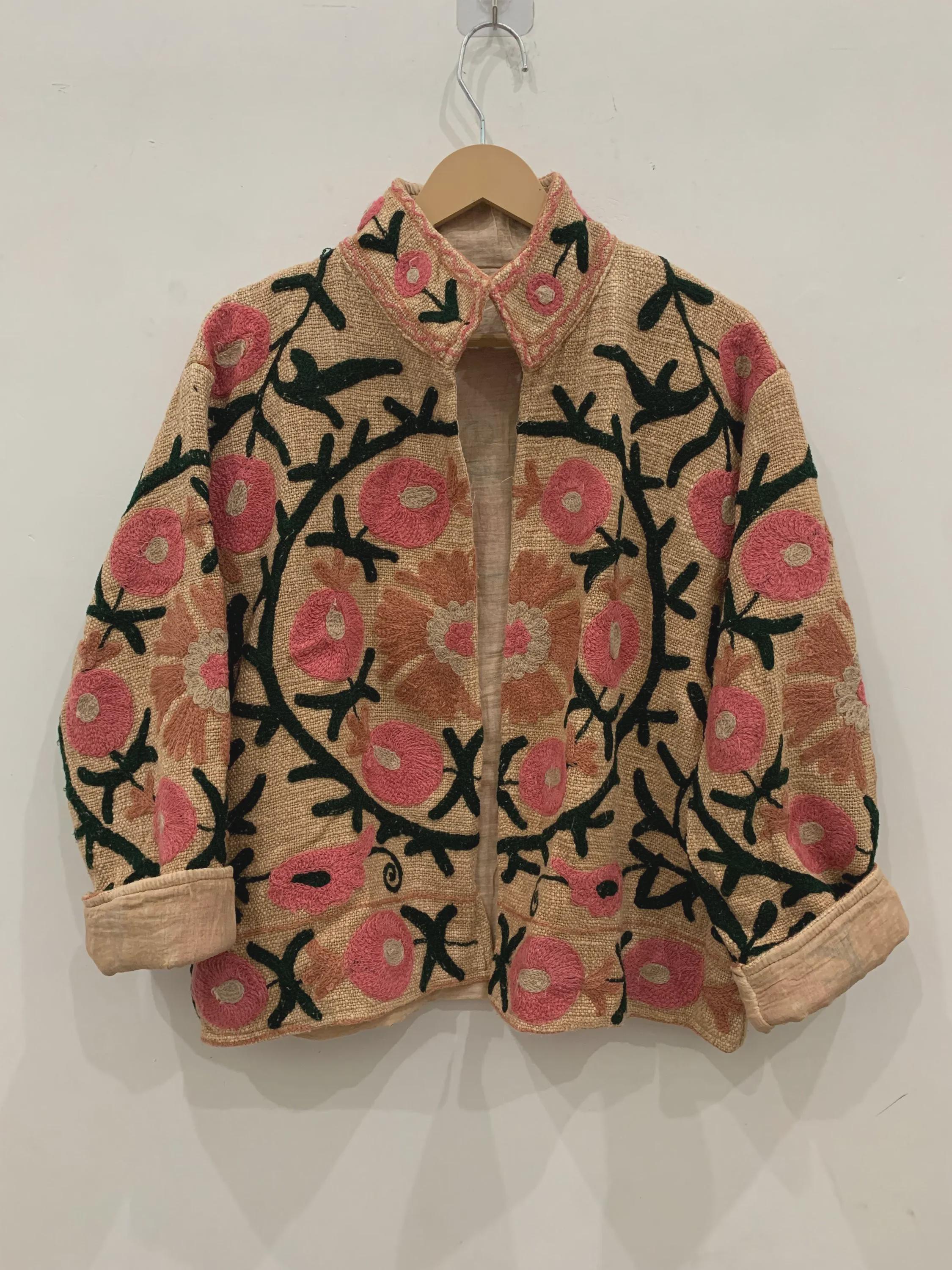 Boho TNT Fabric Suzani Short Jacket | Embroidered Jacket | Vintage Uzbek Textile | Floral Bomber Coat | Bohemian Outerwear | Gift For Her