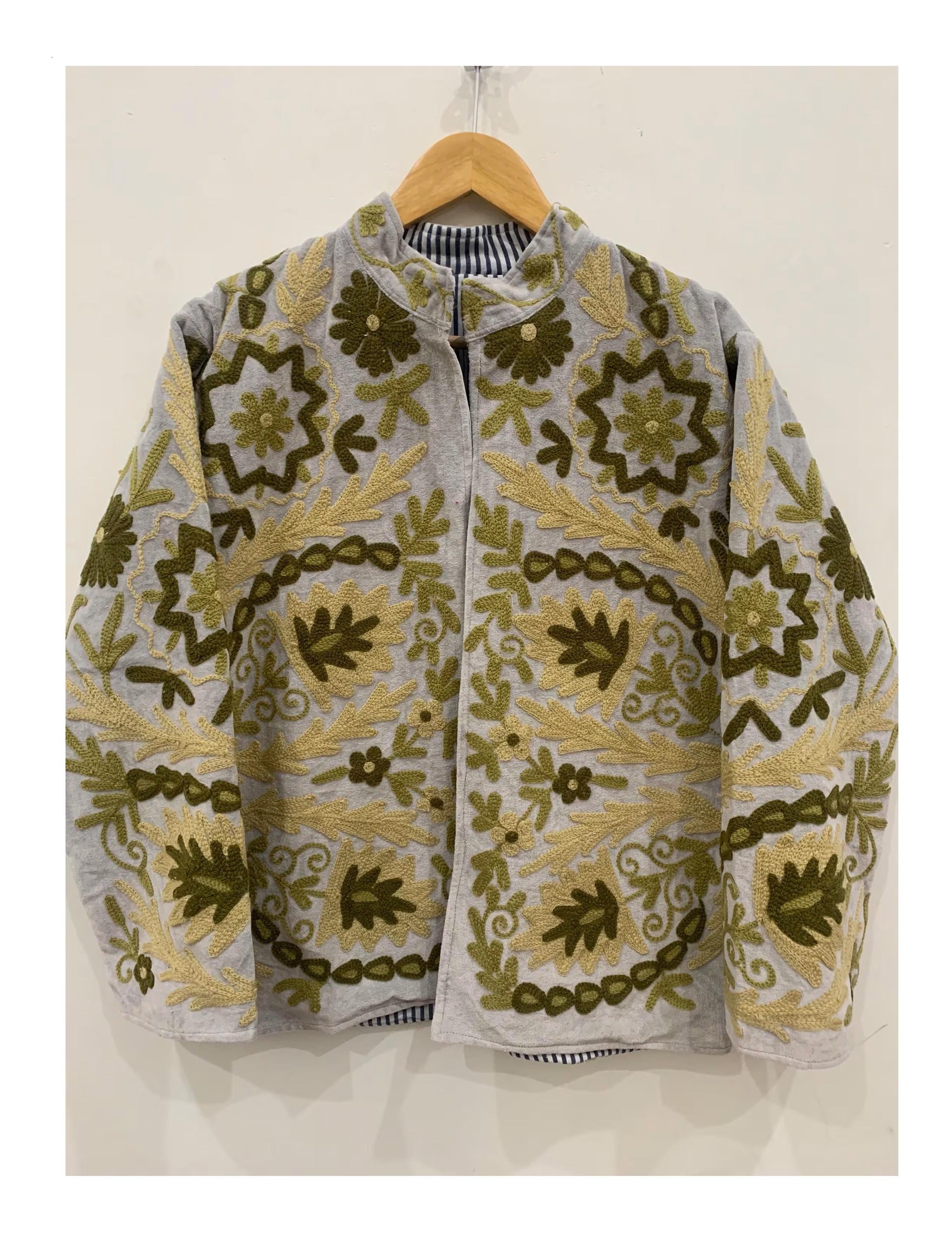 Beige Velvet Floral Suzani Embroidered Jacket |Women's Jacket | Embroidery Short Coat | Winter Coat | Winter Kimono Jacket |Gift For Her