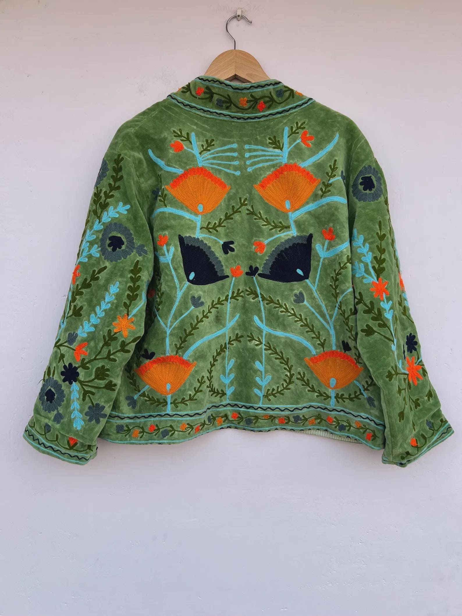 Boho Velvet Suzani Jacket | Hand Embroidered Ethnic Coat for Women | Vintage Bohemian Short Jacket | Winter Warm Kimono Coat | Gift for Her