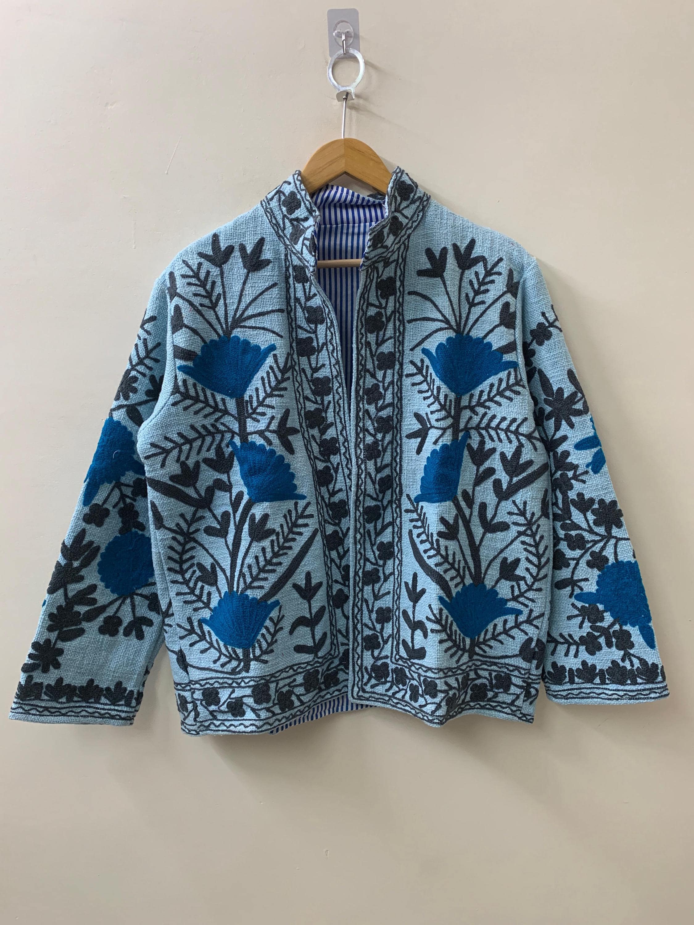 Blue Suzani TNT Jacket Women |Oversize Crop Jacket | Short Boho Jacket | Long Sleeve Jacket | Ethnic Jacket |Lightweight Coat | Gift for Her