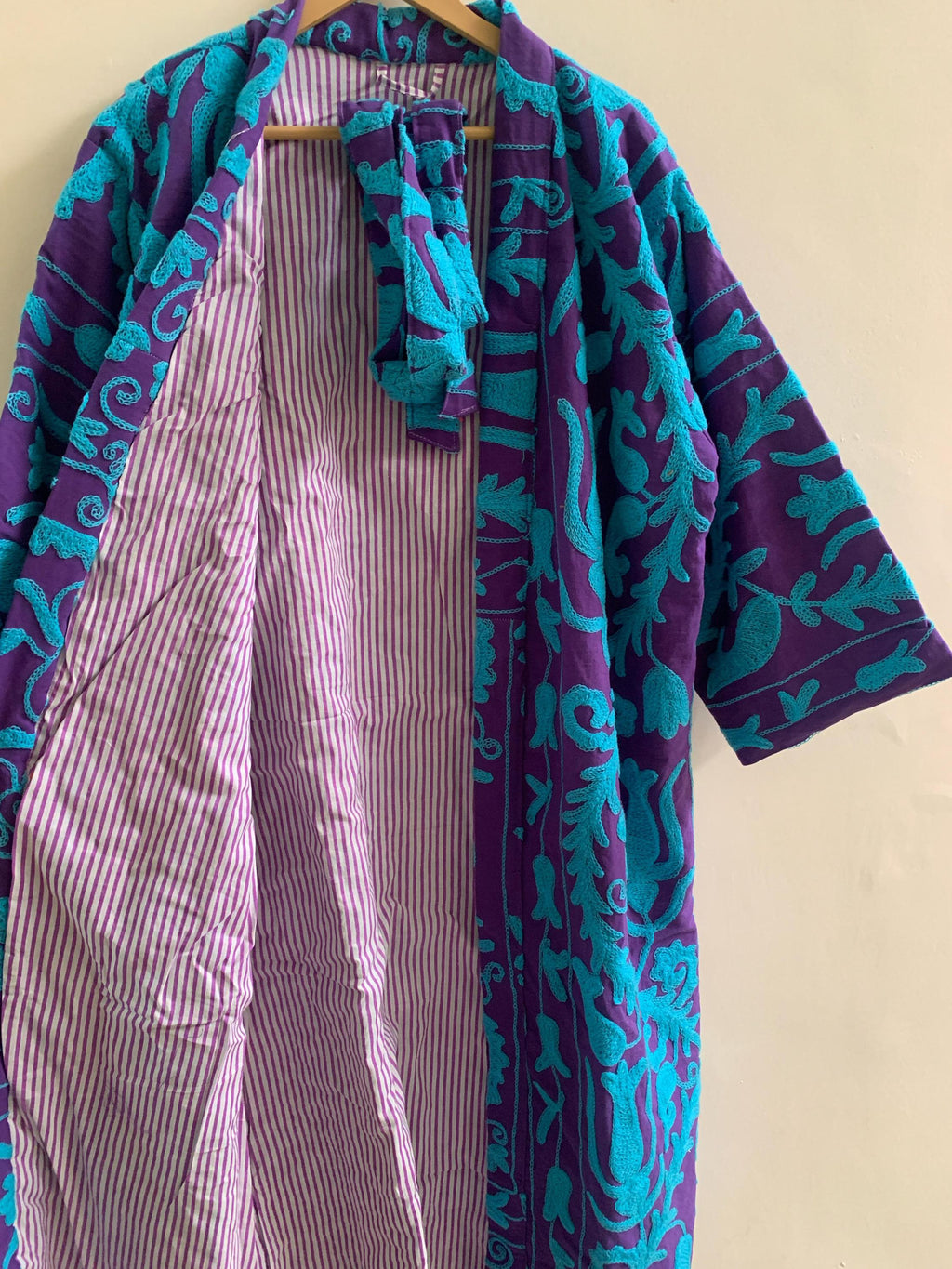Embroidered Unisex Kimono |Japanese Inspired Kimono Jacket | Purple Cotton Canvas Robe | Handmade Boho Duster | Beach Cover Up |Gift for Her