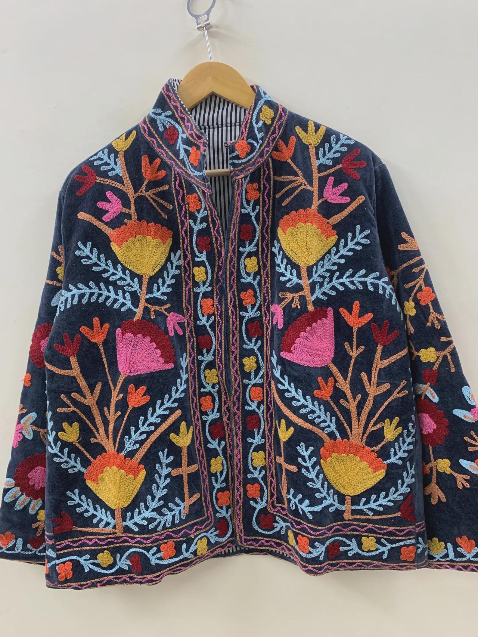 Velvet Suzani Floral Jacket | Women Winter Kimono Jacket | Embroidered Jacket | Winter Warm Coat | Handmade Jacket | Gift for Her