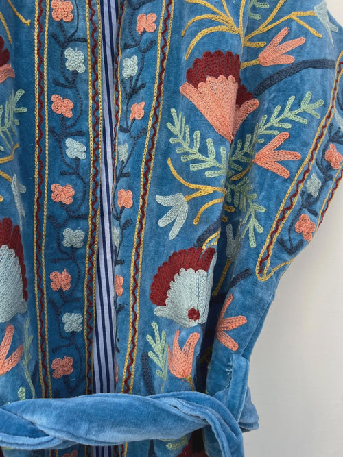 Blue Velvet Suzani Embroidered Vest | Boho Festival Floral Waistcoat | Handmade Ethnic Jacket | Sleeveless Bohemian Layer | Gift for Her