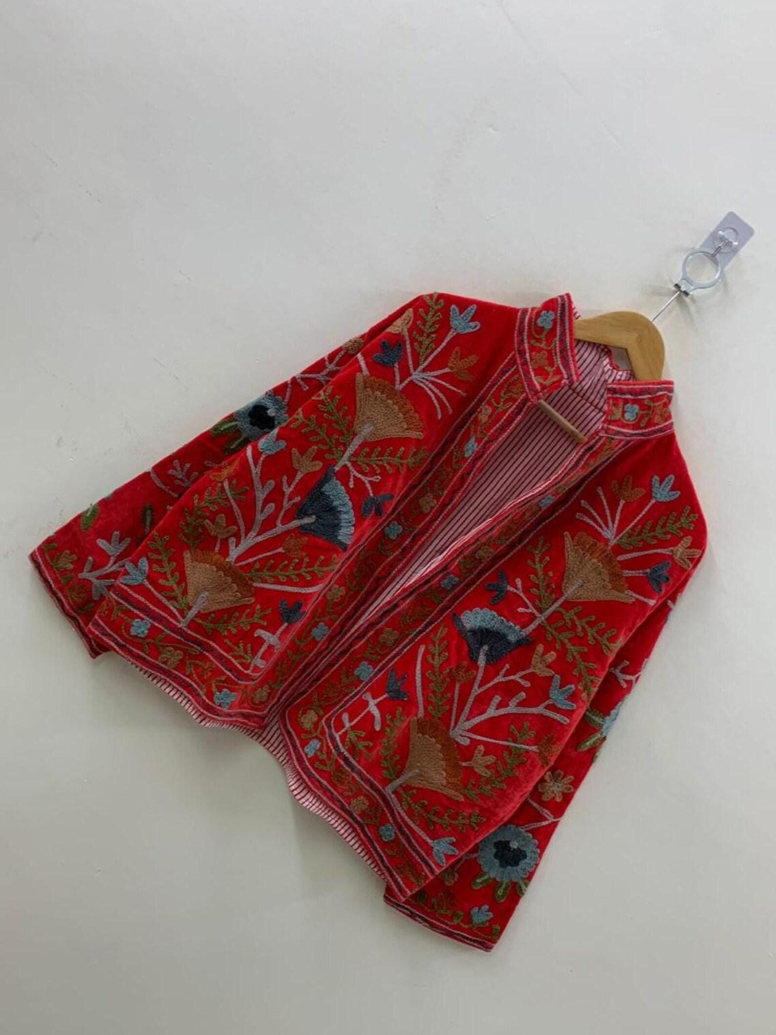 Red Embroidered Suzani Fabric Short Velvet Jacket | Button Winter Coat | Short Jacket | Spring Bomber Jacket | Gift For Her |Velvet Coat