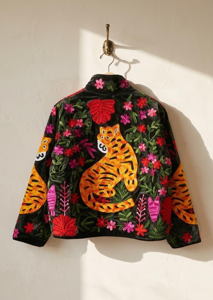 Handmade Velvet Suzani Jacket | Tiger Floral Embroidery Jacket  | Bohemian Coat | Warm Winter Coat | Artisanal Outerwear | Gift For Her