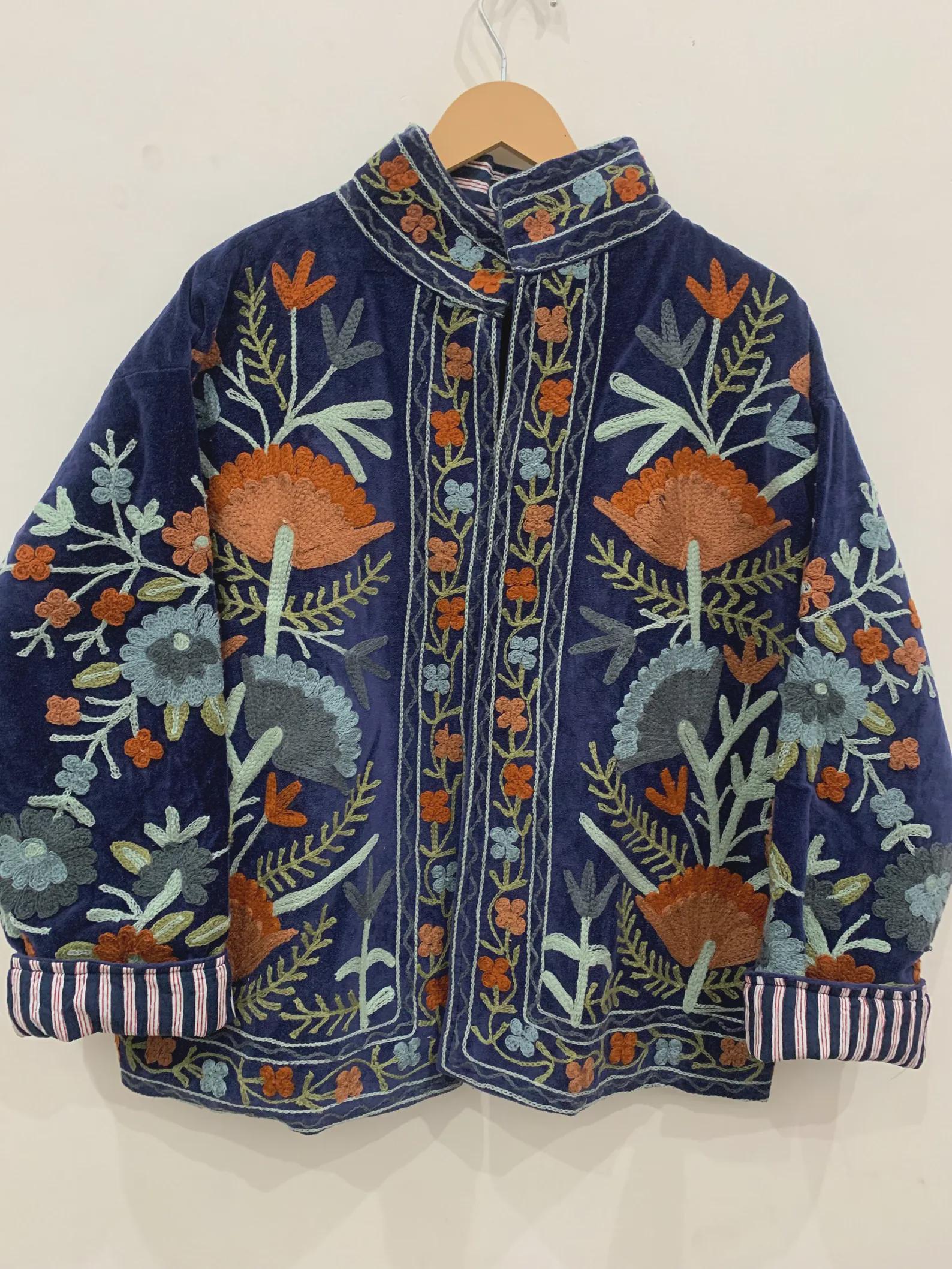 Blue Suzani Velvet Short Jacket | Vintage Button Winter Coat | Short Ethnic Jacket | Spring Bomber Jacket | Gift For Her | Suzani Outerwear