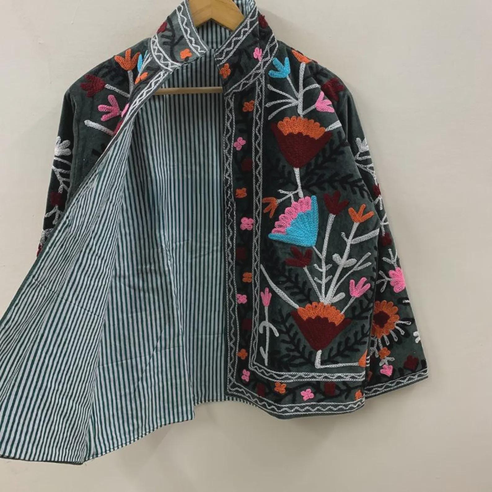 Boho Suzani Velvet Short Jacket | Vintage Button Winter Coat | Short Ethnic Jacket | Spring Bomber Jacket | Gift For Her | Suzani Outerwear