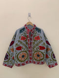 Handmade Suzani Jacket | Grey Embroidered Uzbek Textile, Boho Bomber, Outerwear |Gift For Her