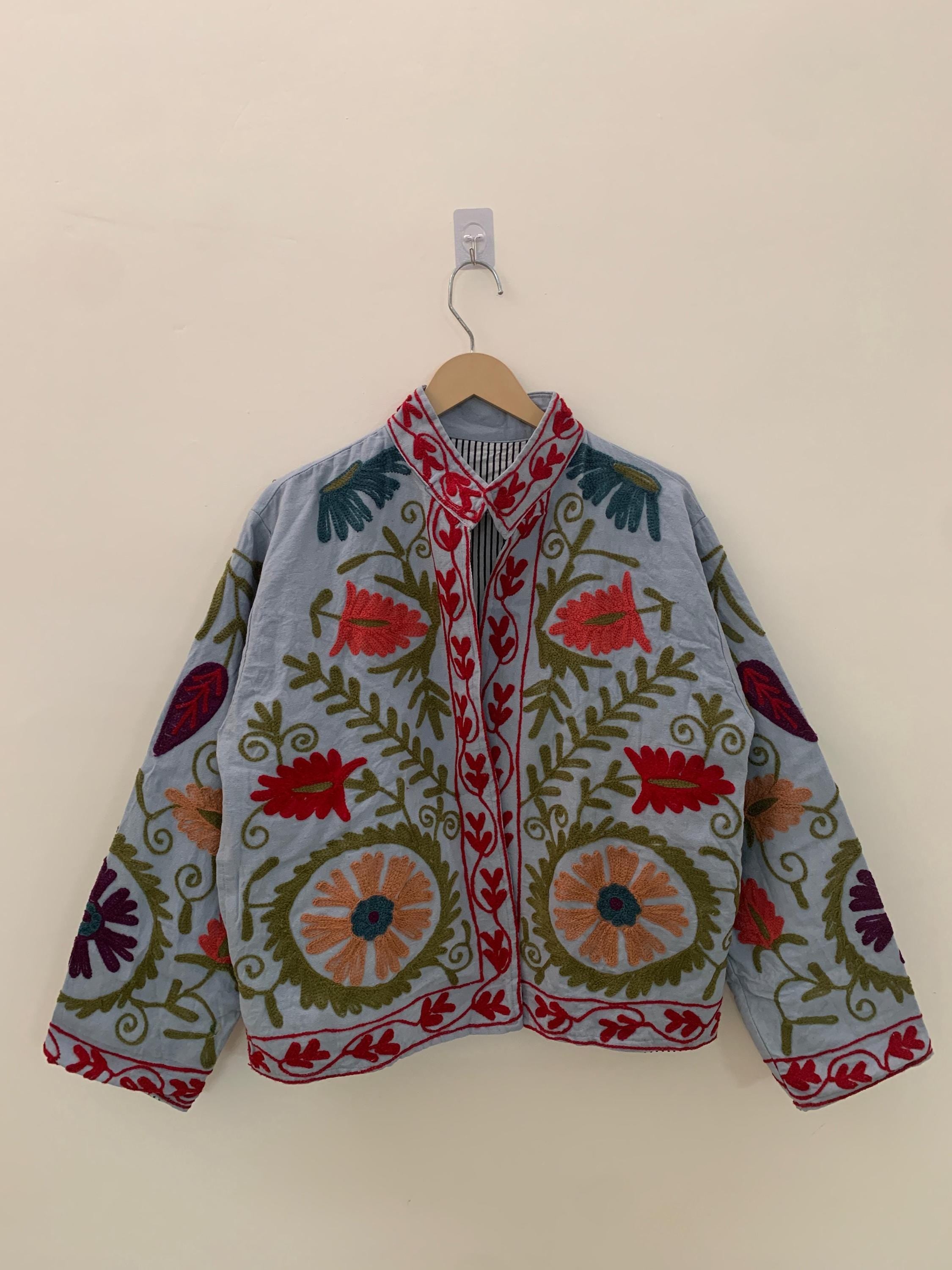 Handmade Suzani Jacket | Grey Embroidered Uzbek Textile, Boho Bomber, Outerwear |Gift For Her