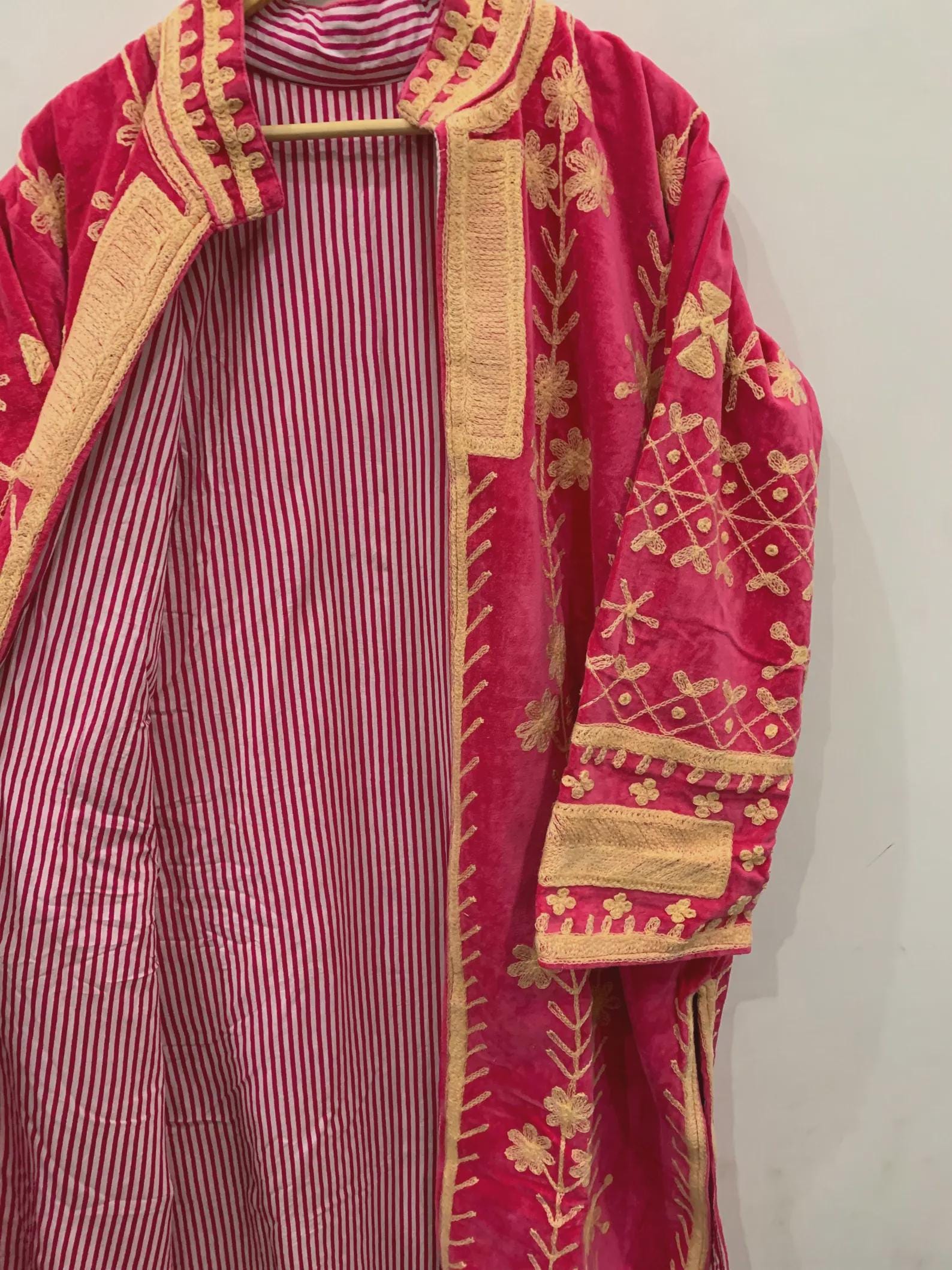 Red Long Suzani Kimono Jacket | Boho Embroidered Duster | Vintage Uzbek Coat