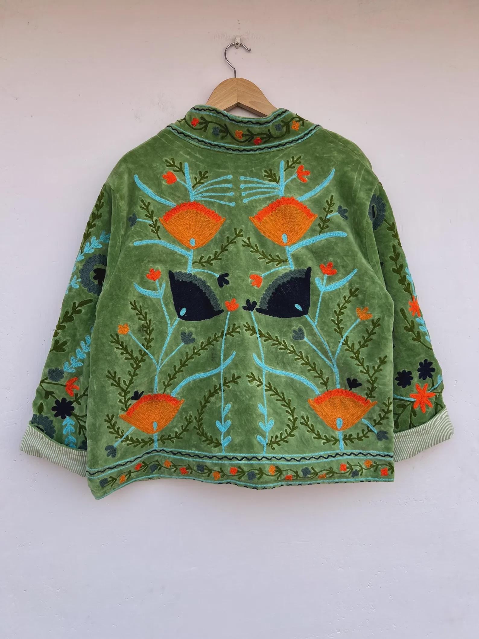 Boho Velvet Suzani Jacket | Hand Embroidered Ethnic Coat for Women | Vintage Bohemian Short Jacket | Winter Warm Kimono Coat | Gift for Her