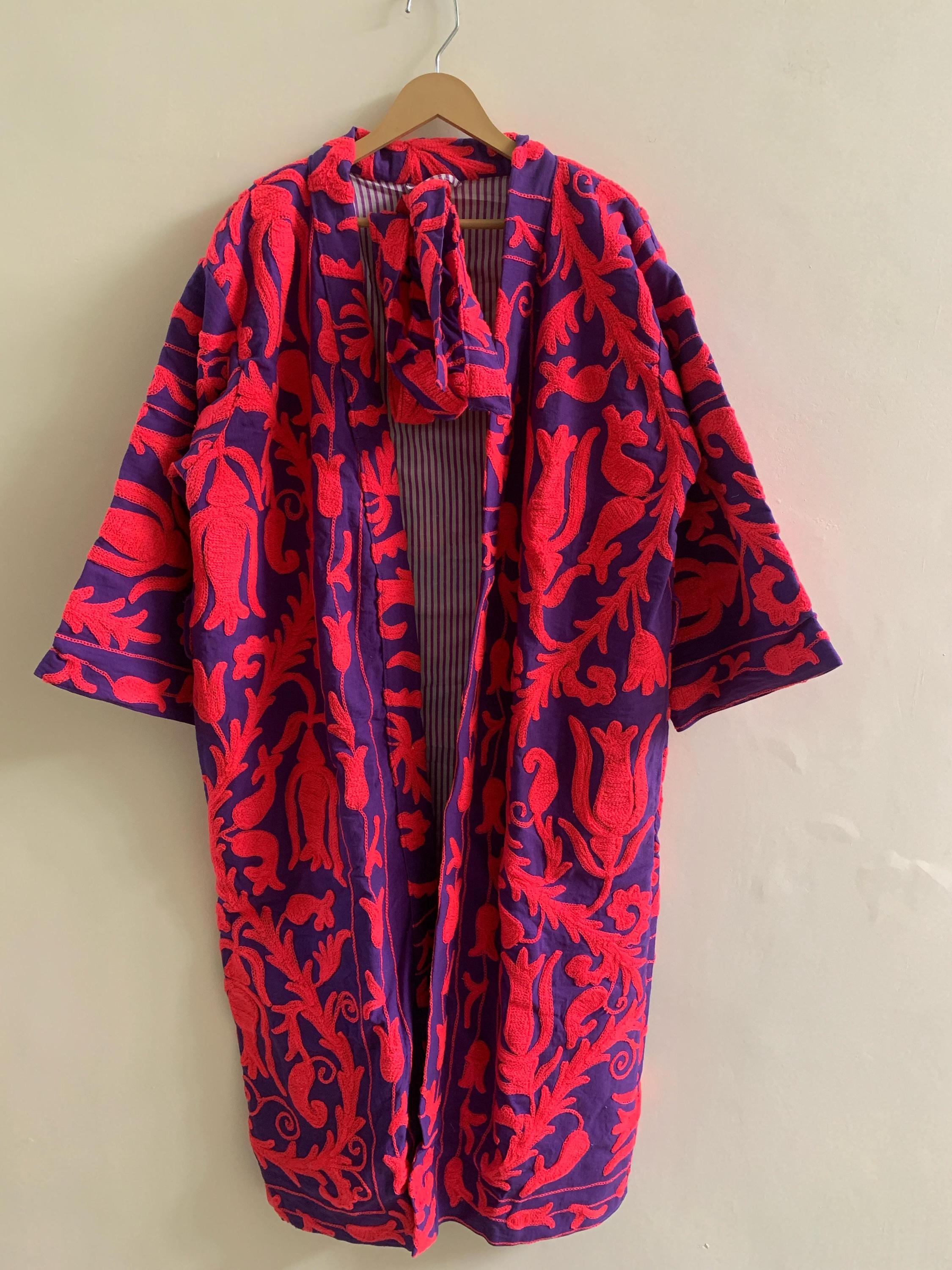Embroidered Kimono Jacket Gift for Her | Unisex Boho Kimono | Purple Cotton Canvas Robe | Handmade Duster | Beach Cover Up | Festival Wear