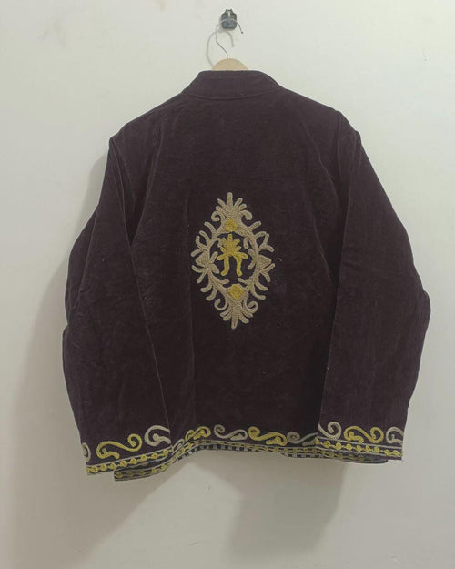 Black Velvet Floral Suzani Hand Embroidered Boho Coat | Uzbek Jacket | Folk Festival Duster