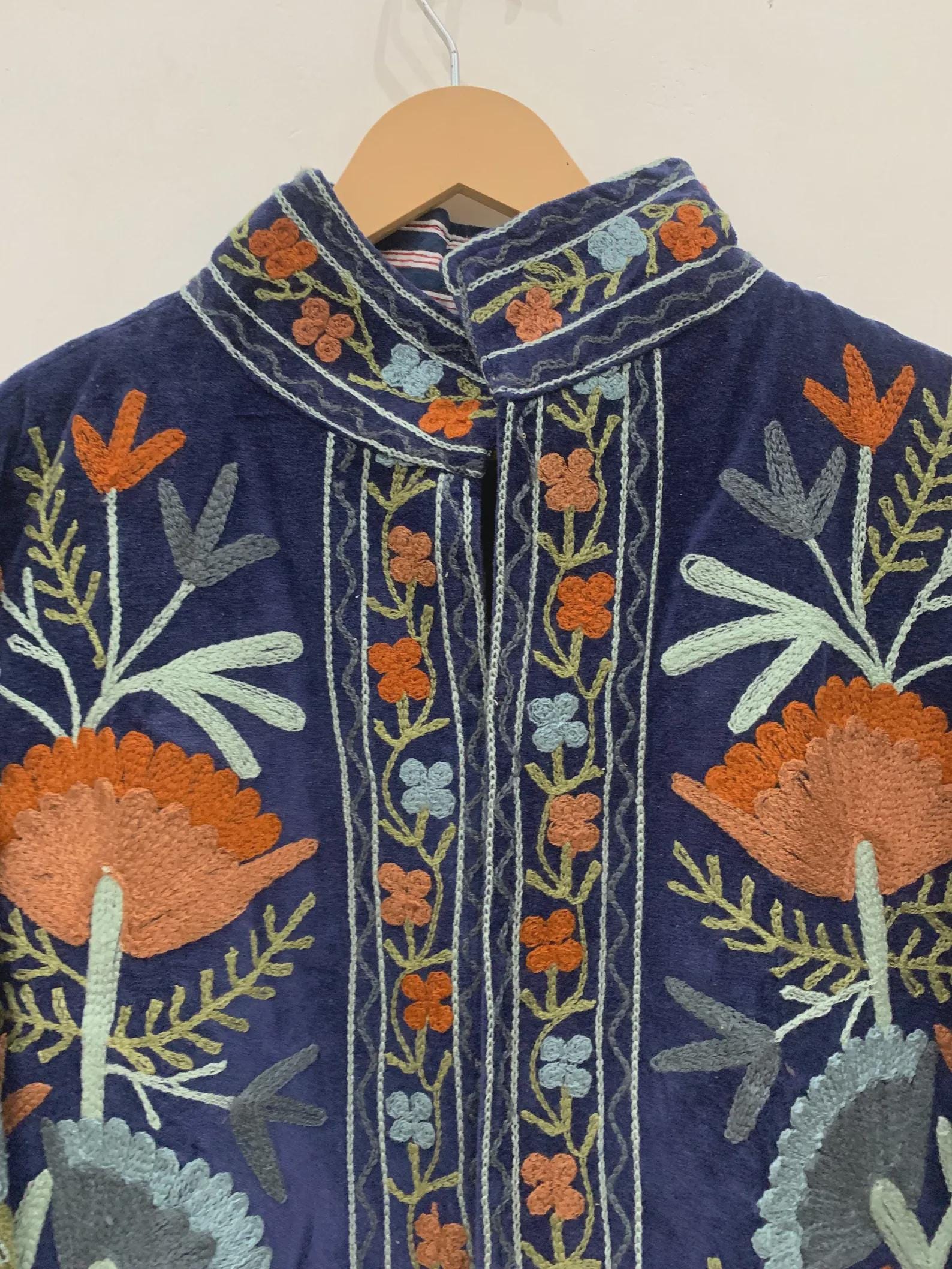 Blue Suzani Velvet Short Jacket | Vintage Button Winter Coat | Short Ethnic Jacket | Spring Bomber Jacket | Gift For Her | Suzani Outerwear