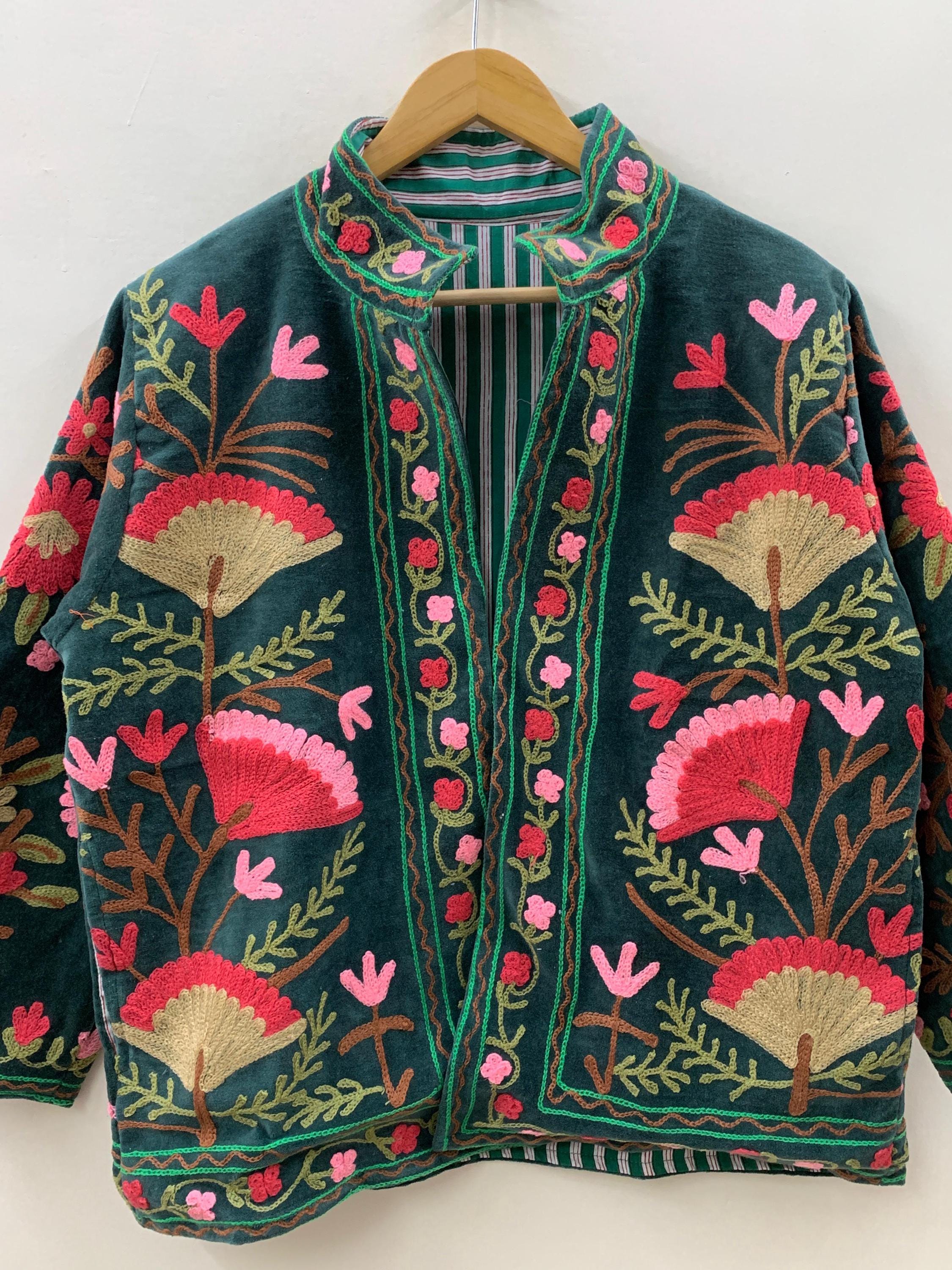 Green Velvet Suzani Jacket Women | Short Ethnic Bomber Jacket | Vintage Button Winter Coat | Boho Festival Wear |  Gift for Her