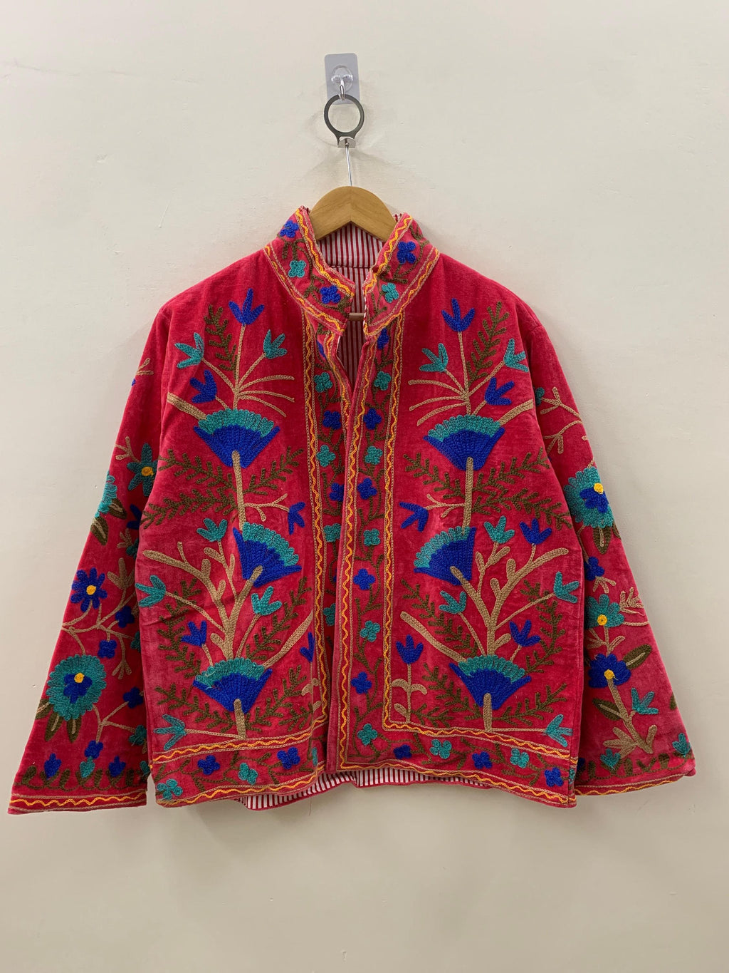 Red Velvet Suzani Hand Embroidered Jacket | Floral Tailored Jacket |Bomber Coat | Hippie Jacket | 70s Style Coat | Gift For Her |Winter Coat