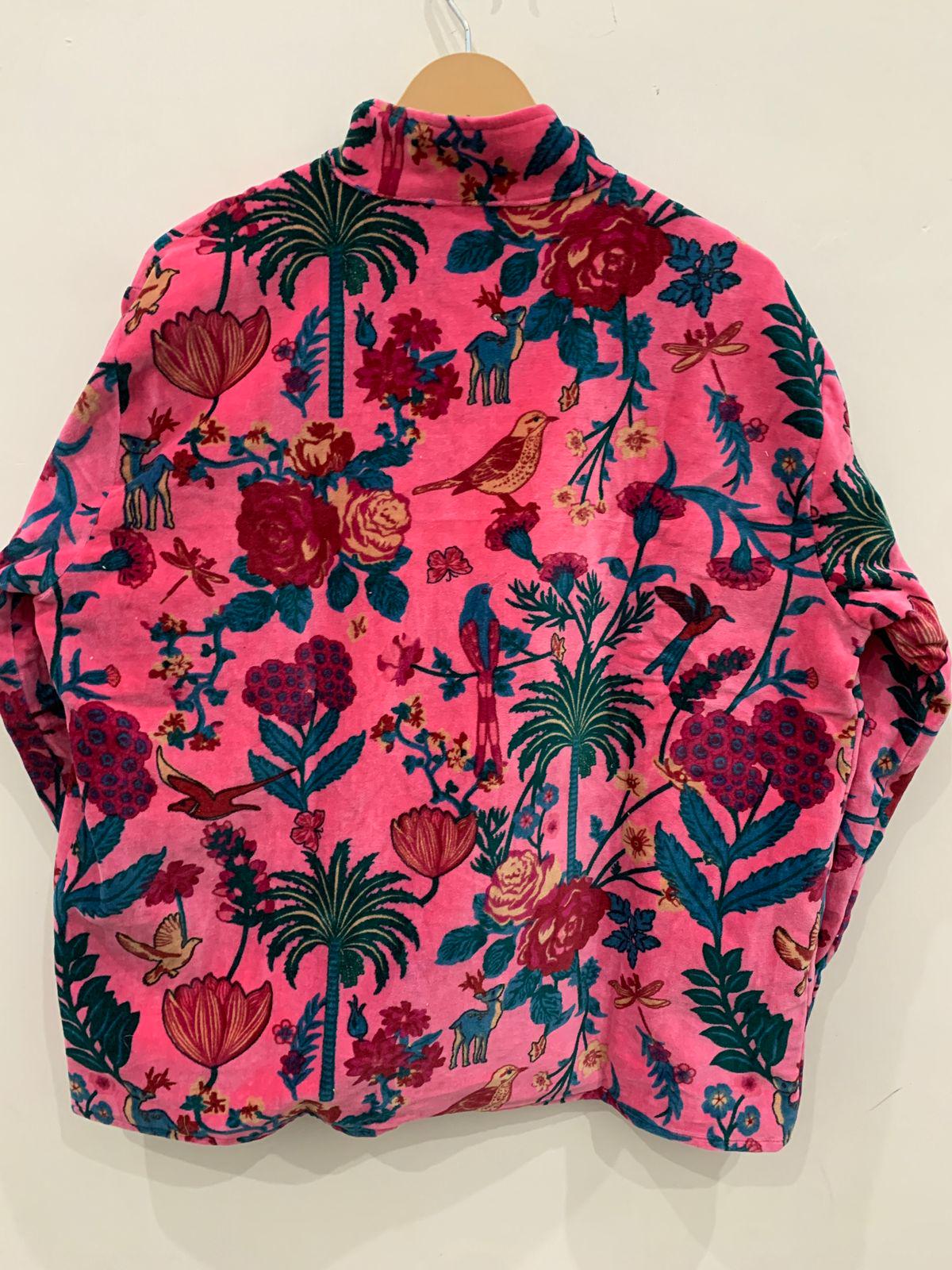 Pink Floral Print Velvet Short Jacket |Front Open Button Jacket | Duster Jacket, Quilted Bomber Coat, Outerwear, Travel Jacket, Gift For Her