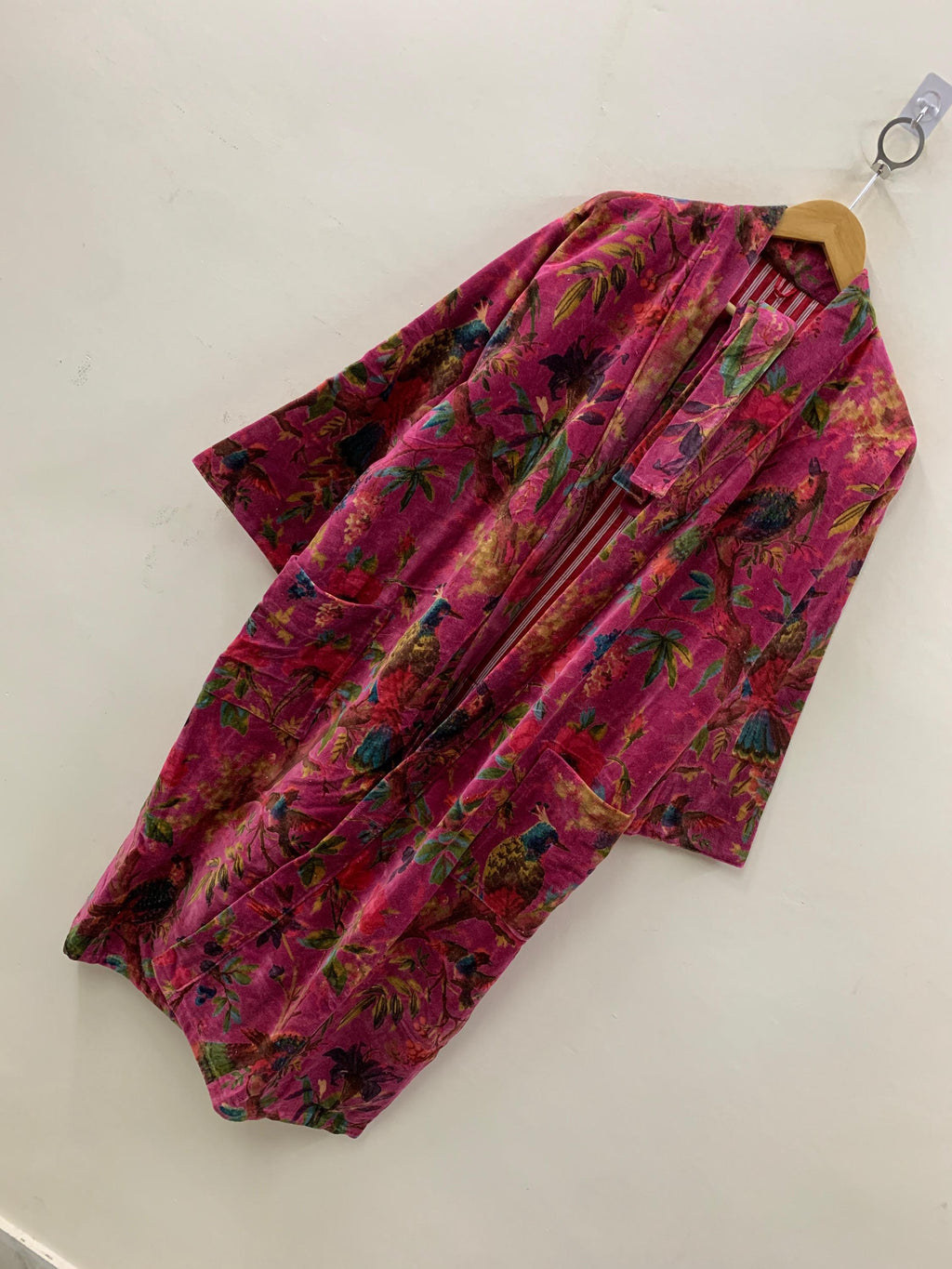 Pink Floral Print Velvet Kimono Robe | Bold Animal Print Loungewear | Soft Boho Dressing Gown with Belt |Statement Kimono Jacket| Glam Robe
