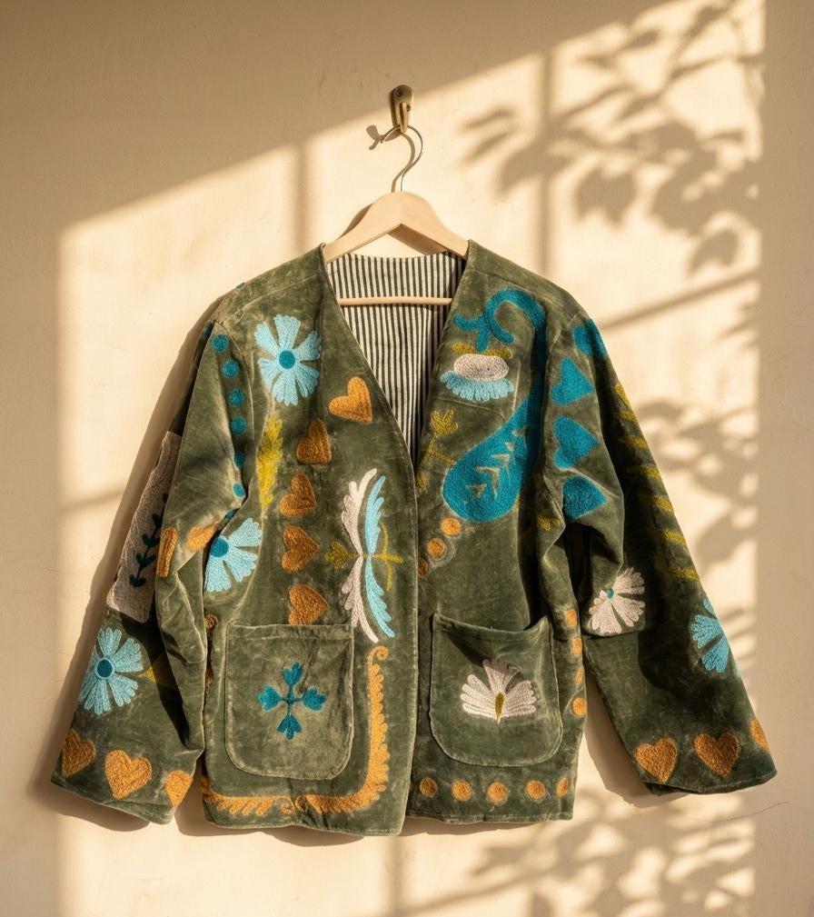 Suzani Velvet Jacket | Embroidered Coat | Traditional Coat | Cropped Jacket | Warm Winter Outerwear | Gift for Her | Bohemian Outerwear