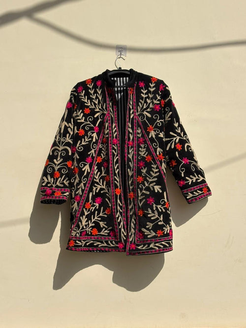 Black Suzani Velvet Kimono |Unisex Bohemian Overcoat | Traditional Kimono Jacket |Hand Embroidered Kimono | Winter Warm Kimono Overcoat