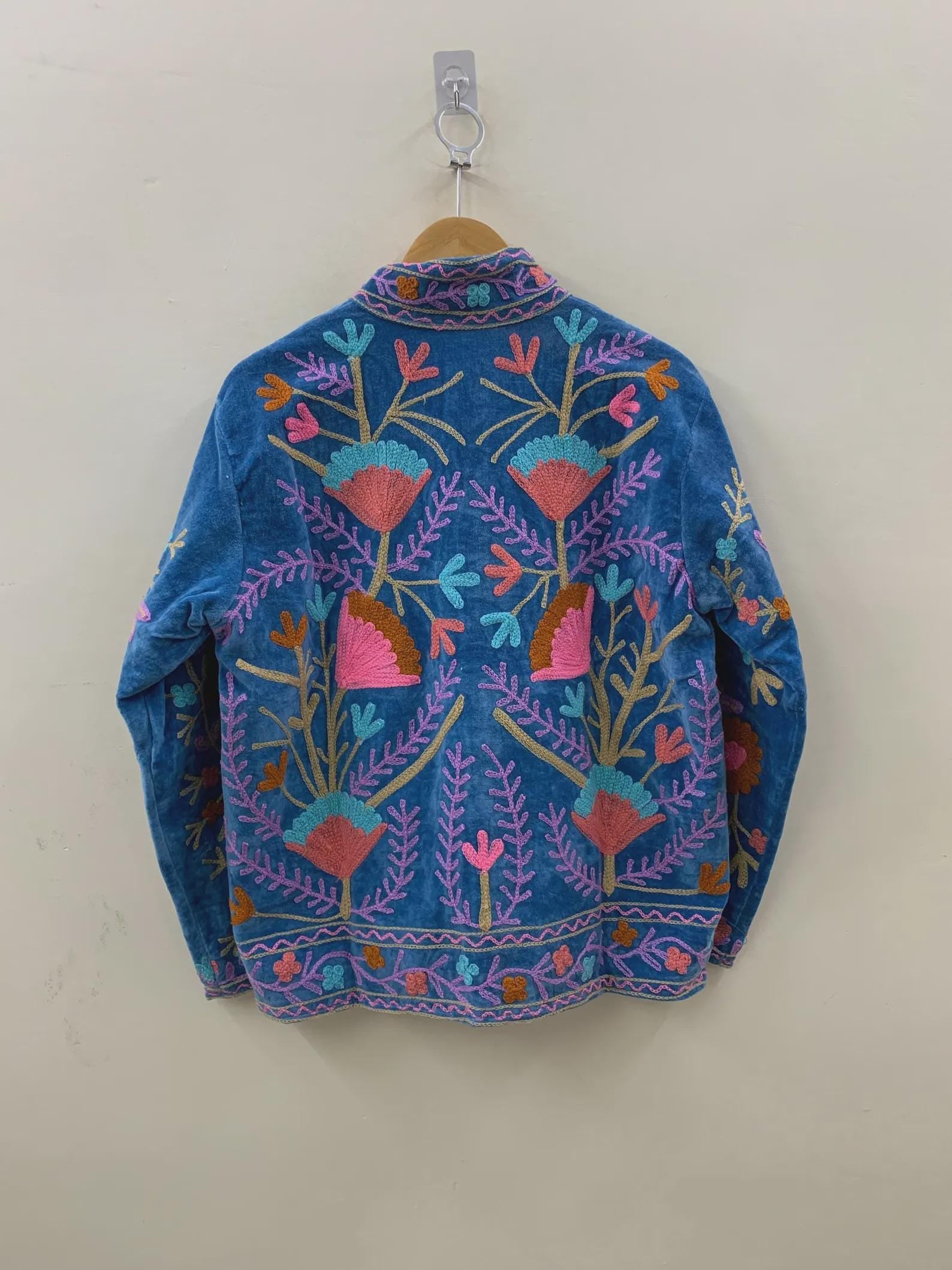 Blue Indian Embroidered Velvet Jacket | Suzani Coat | Festival Bohemian Clothing for Women | Handmade Vintage Style Suzani Jacket